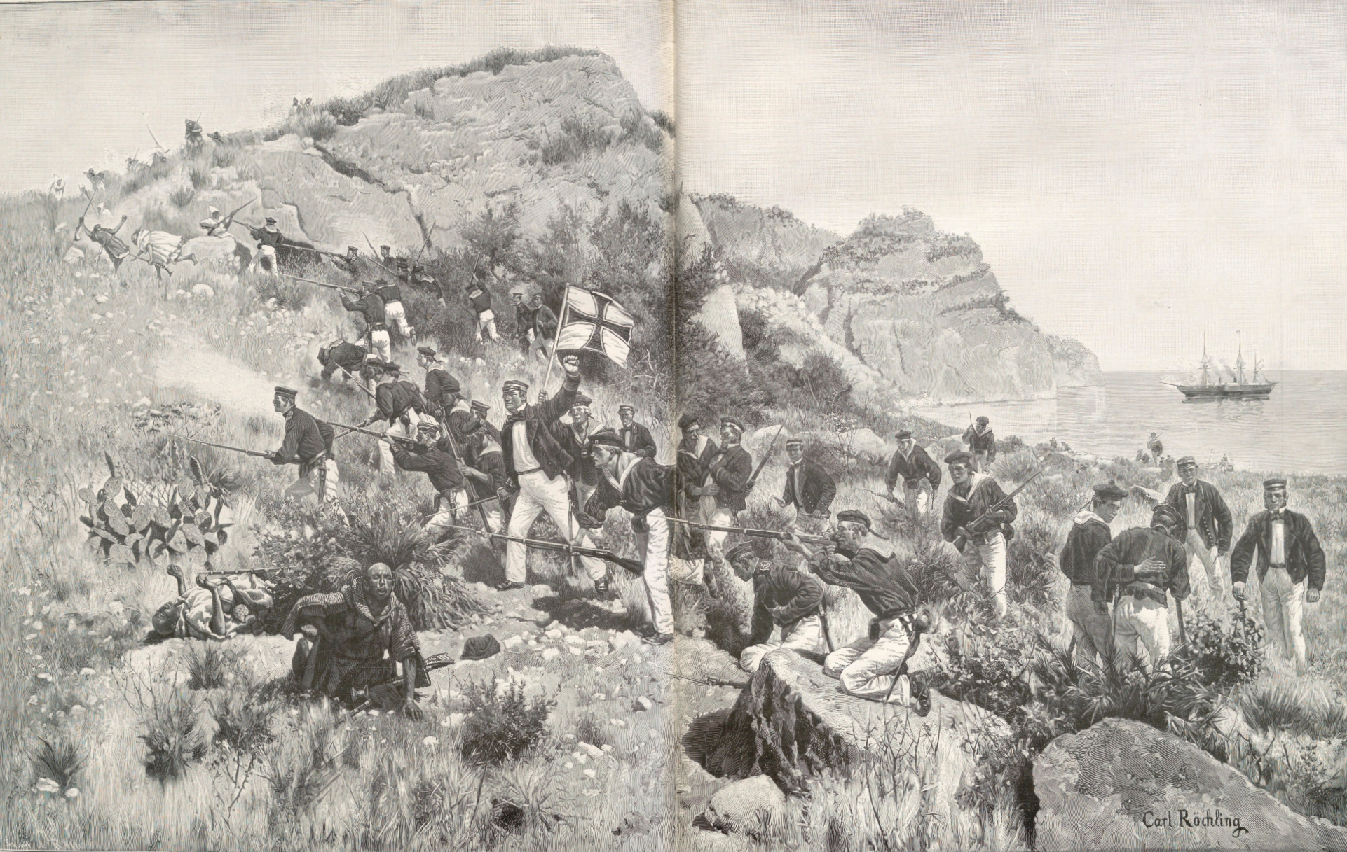 Battle between Prussian naval personnel and reef pirates at Cape Tres Forcas