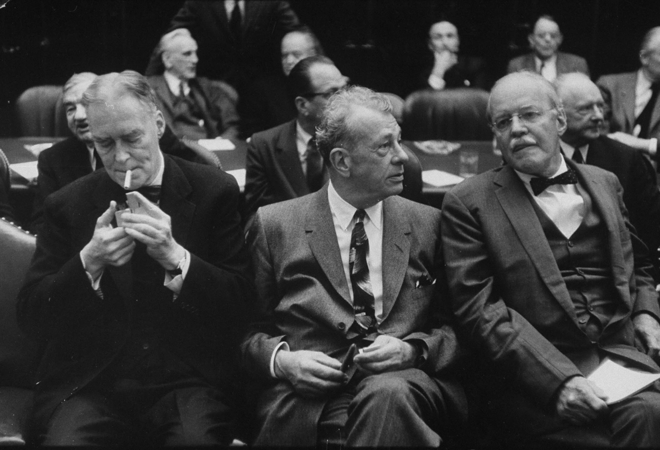 Christian A. Herter (L), Everett M. Dirksen (center) and Allen W. Dulles (R) during Senate hearing re U-2 spy incident.