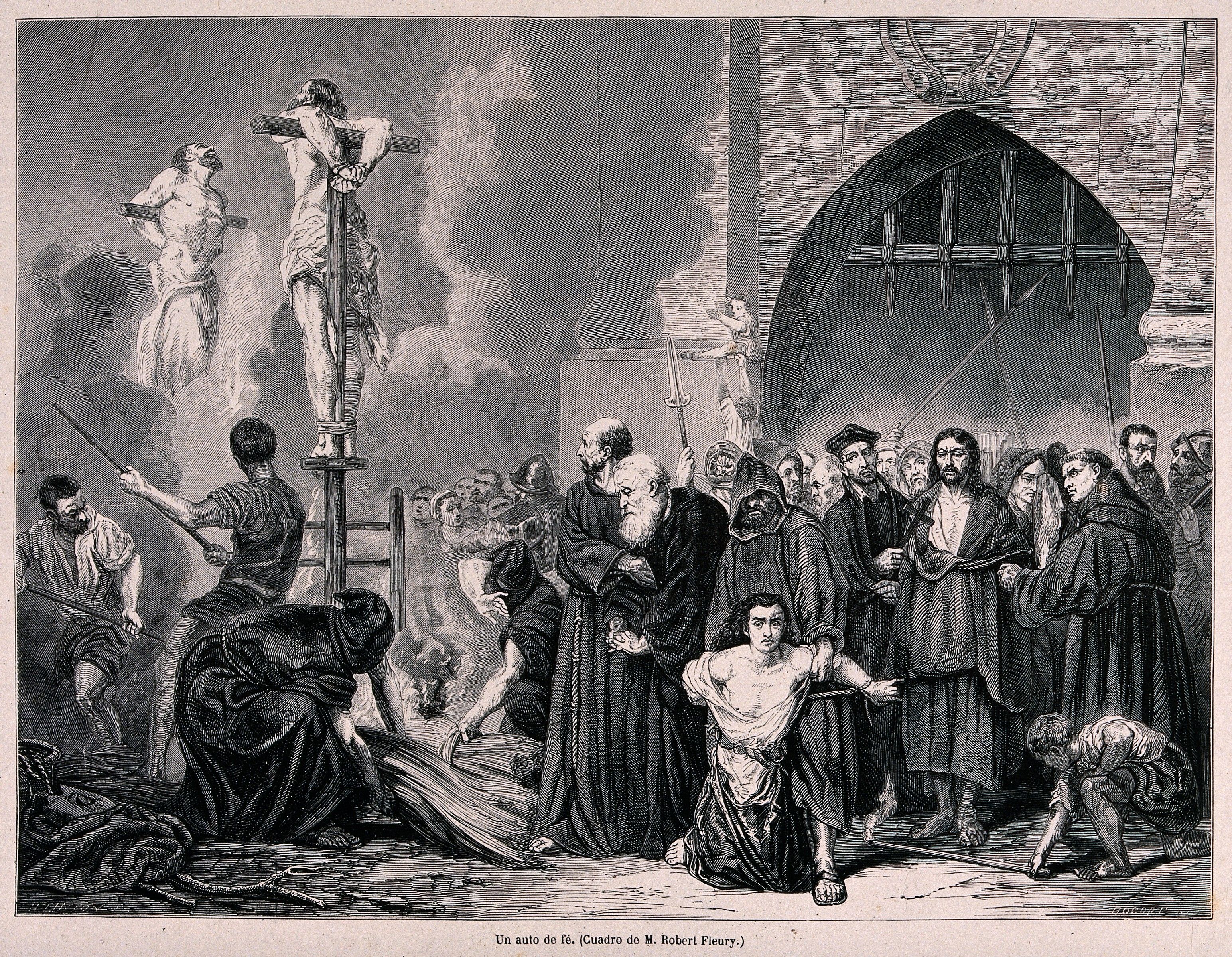 auto-da-fé of the Spanish Inquisition and the execution of sentences by burning heretics on the stake in a market place. Wood engraving by Bocort after H.D. Linton