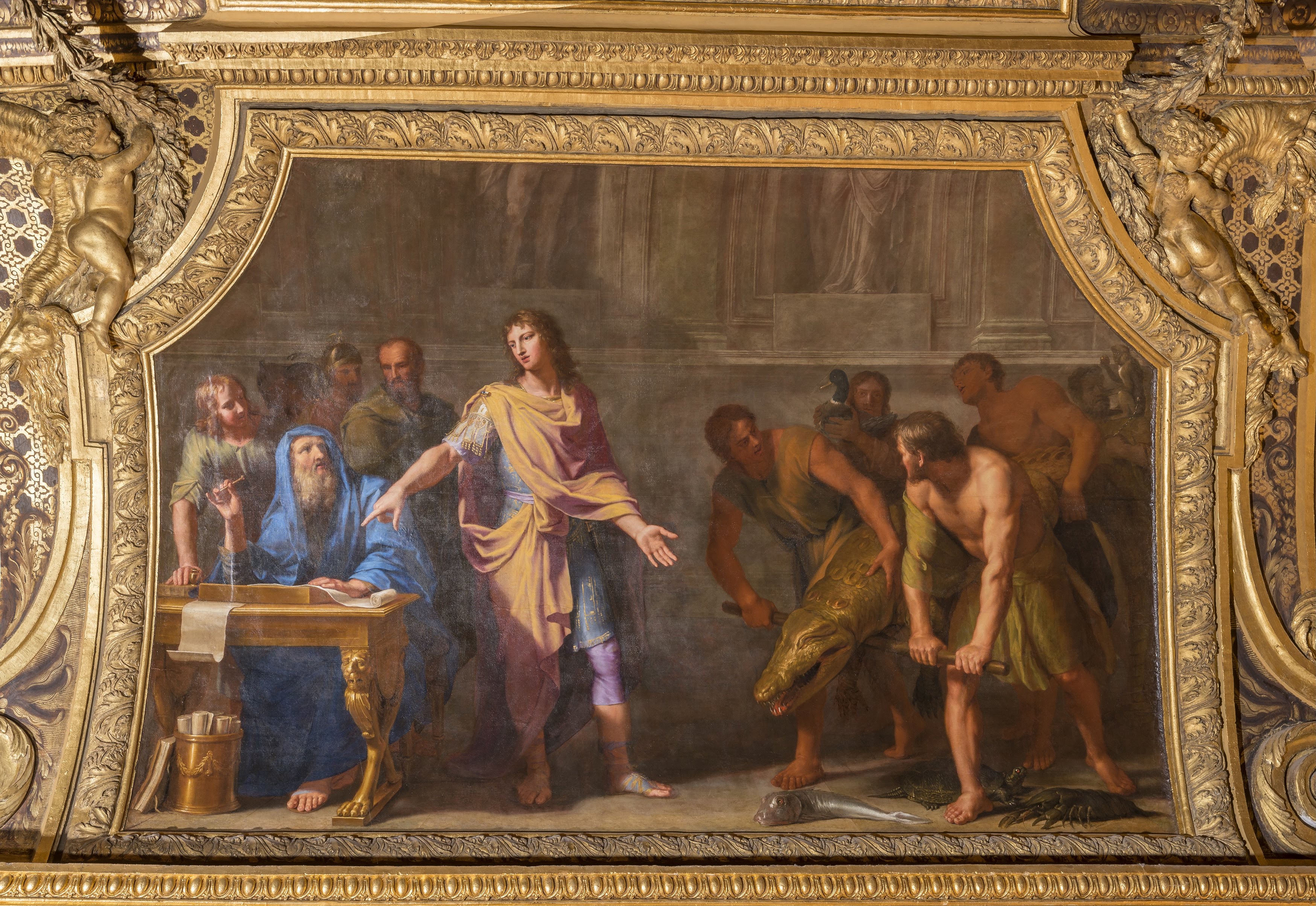 Alexander the Great bringing various foreign animals to Aristotle