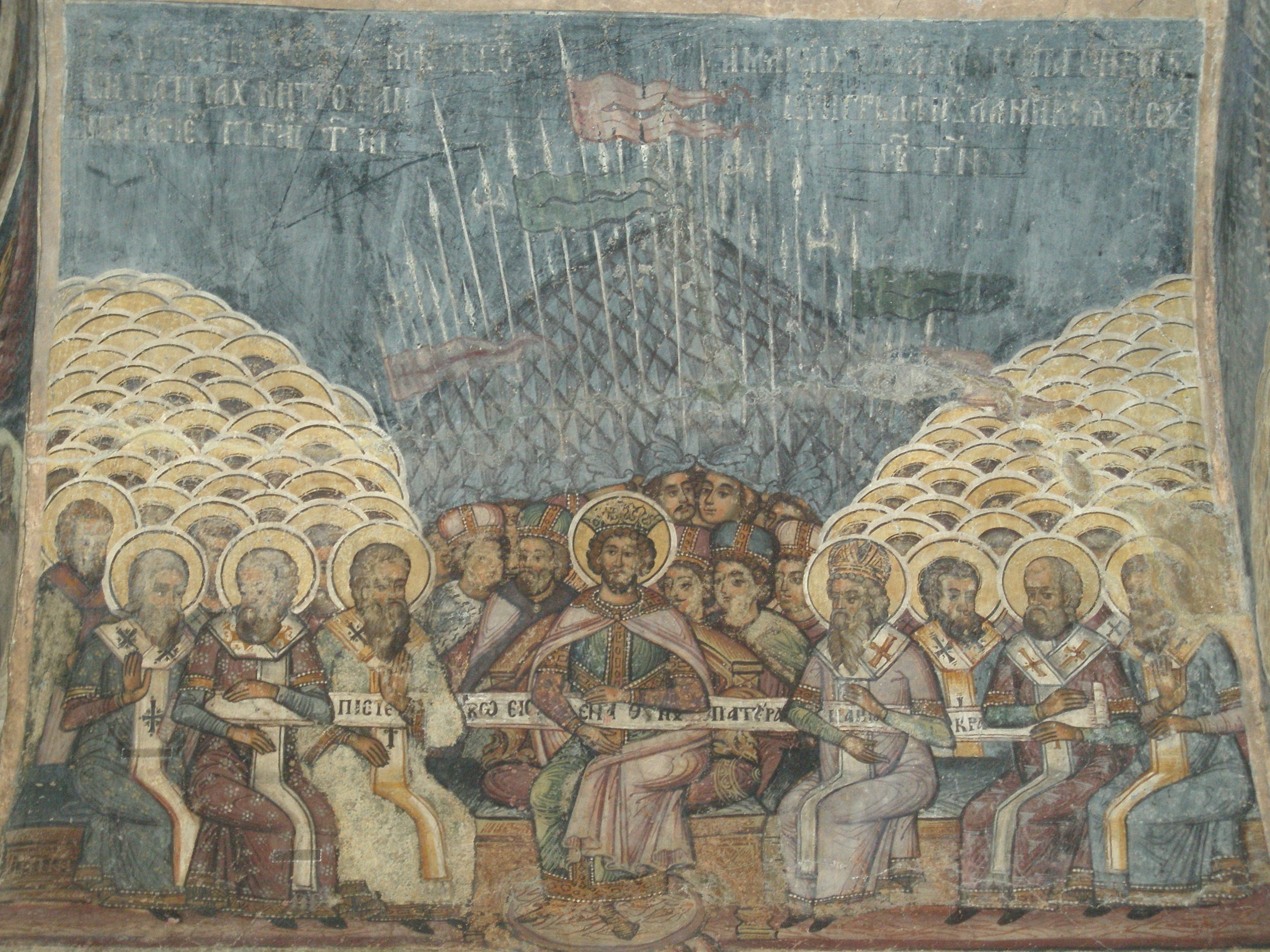 The First Council of Nicea, wall painting at the church of Stavropoleos, Bucharest, Romania