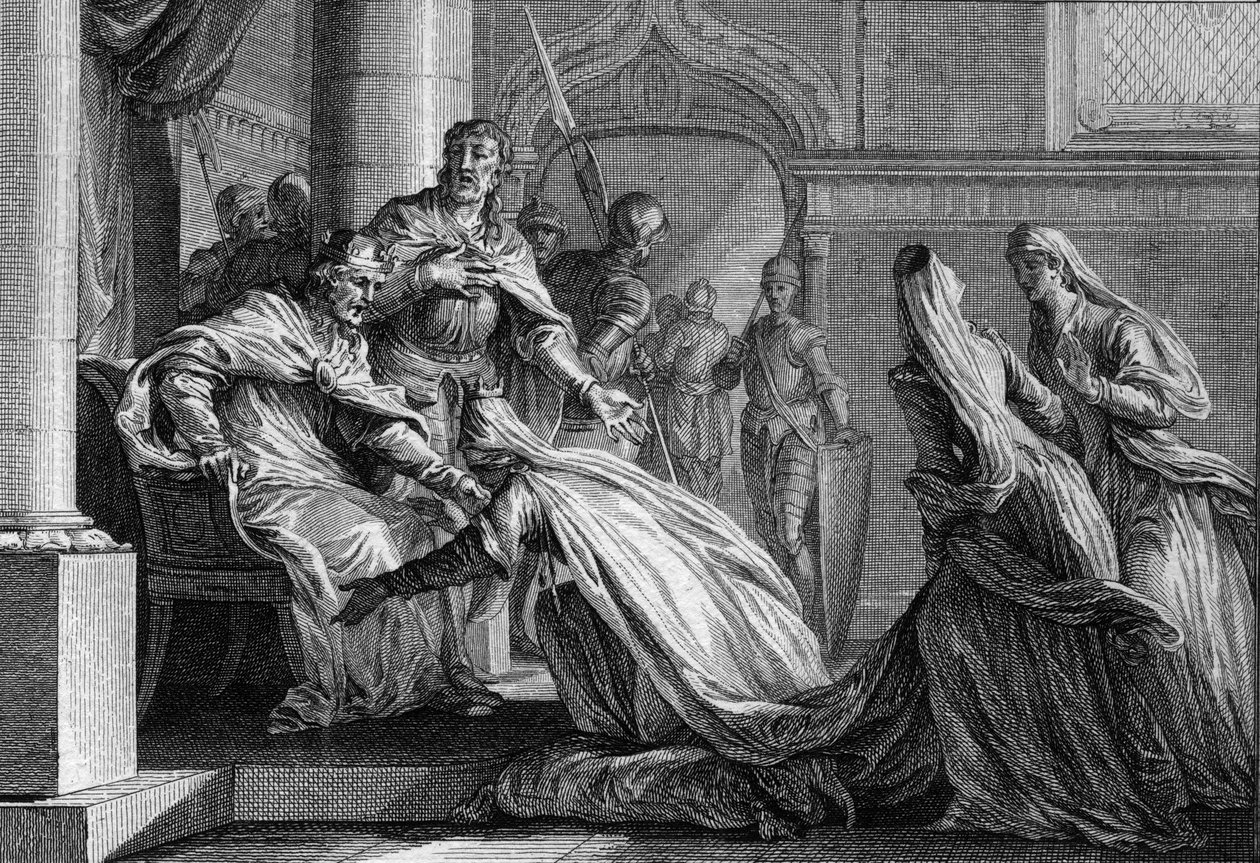 Emma of France prostrates to her feet at Raoul of Burgundy giving him the crown