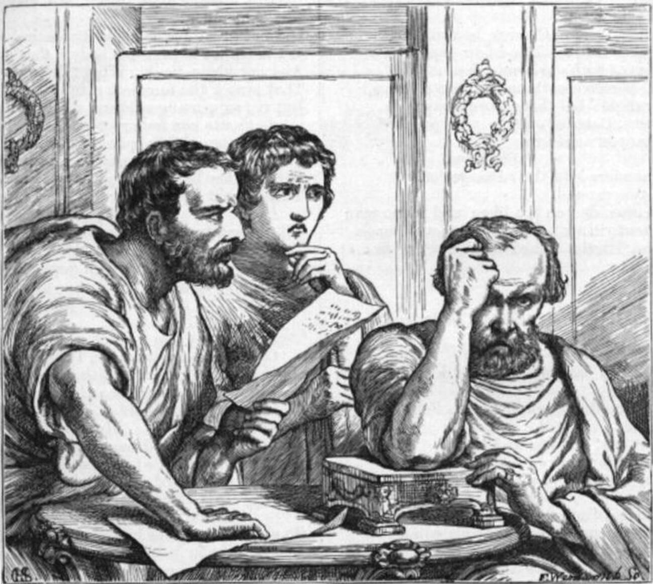 Octavian Antony and Lepidus debating proscriptio
