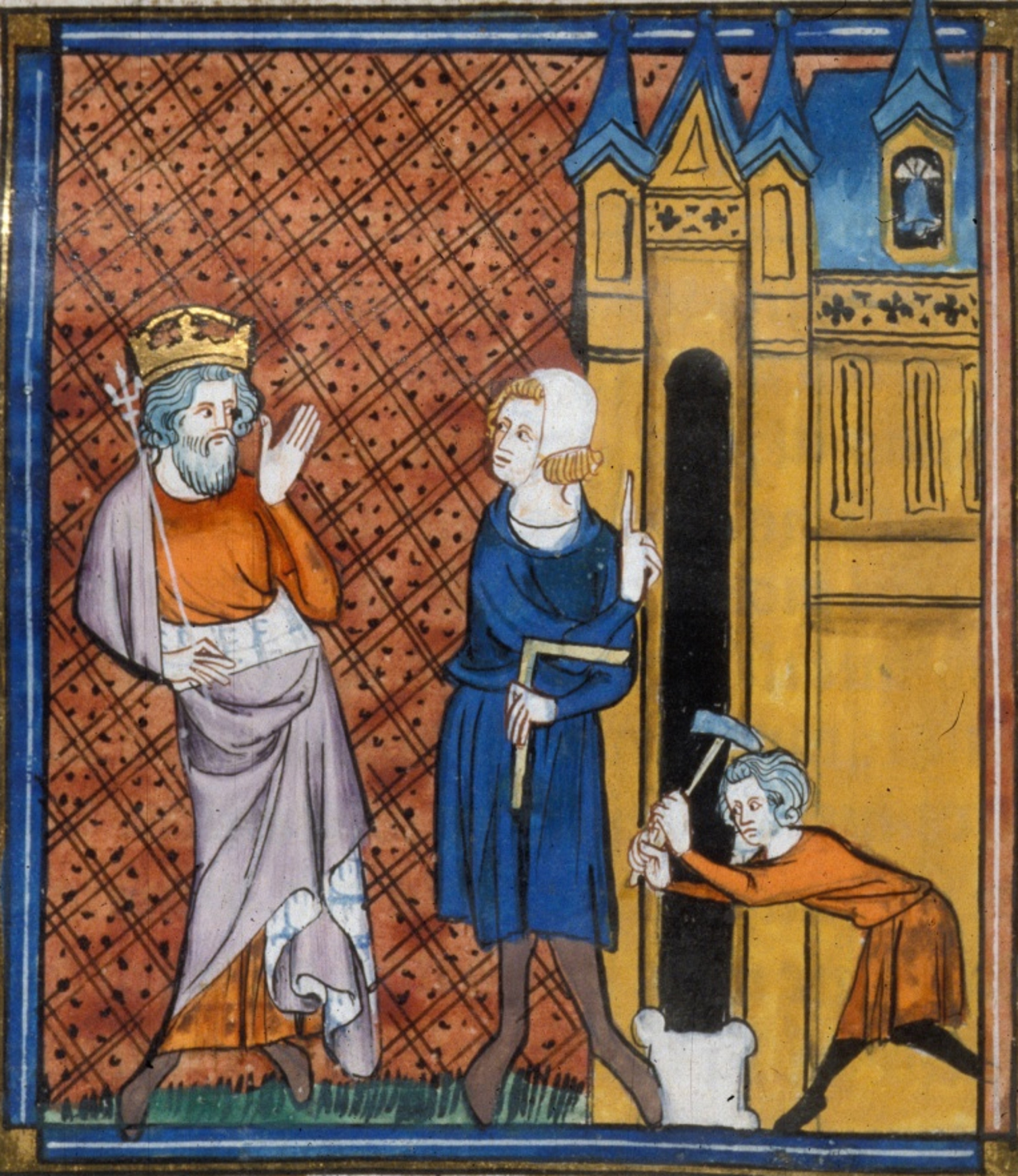 Charlemagne building Aix cathedral, from Chroniques de France ou de St Denis, 14th century