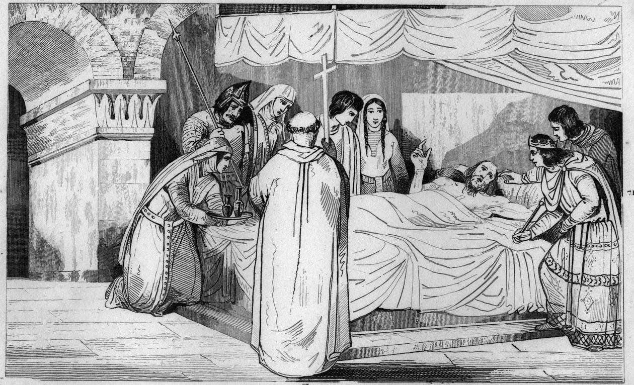 Death of Pepin of Herstal (635-714) surrounded by his family Engraving