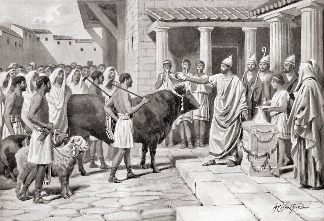 Romans offering The suovetaurilia or suovitaurilia, one of the most sacred and traditional rites of Roman religion