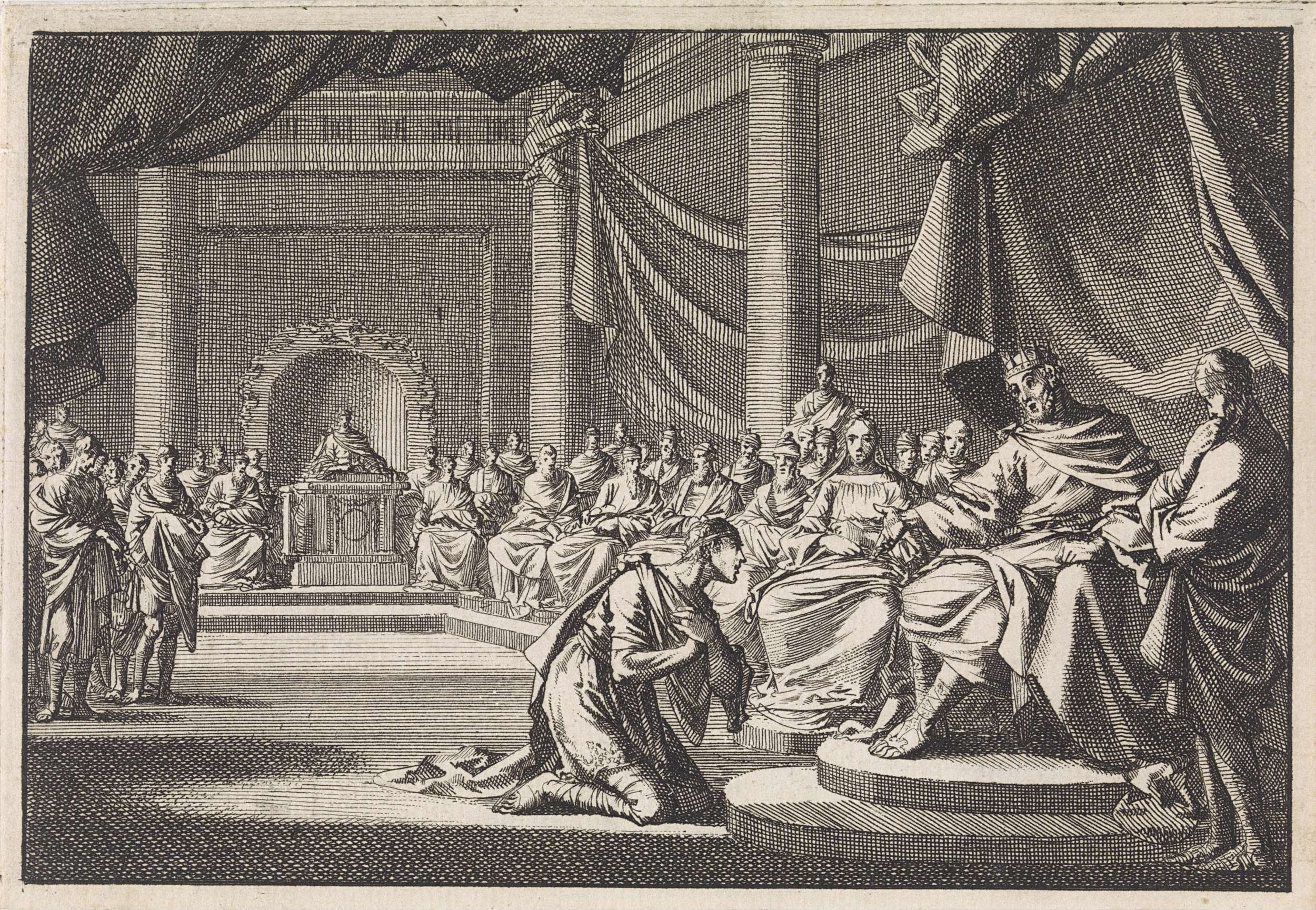 During a meeting, Antipater kneels before his father Herod