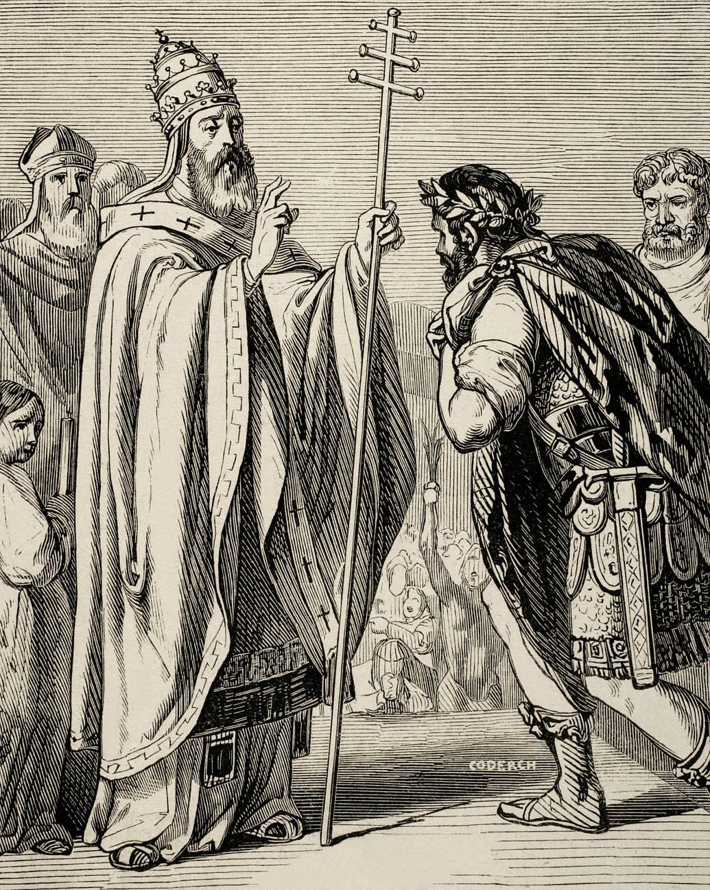 Meeting between Pope John I and Theodoric the Great.  Coderch Ano Cristiano, 1852.