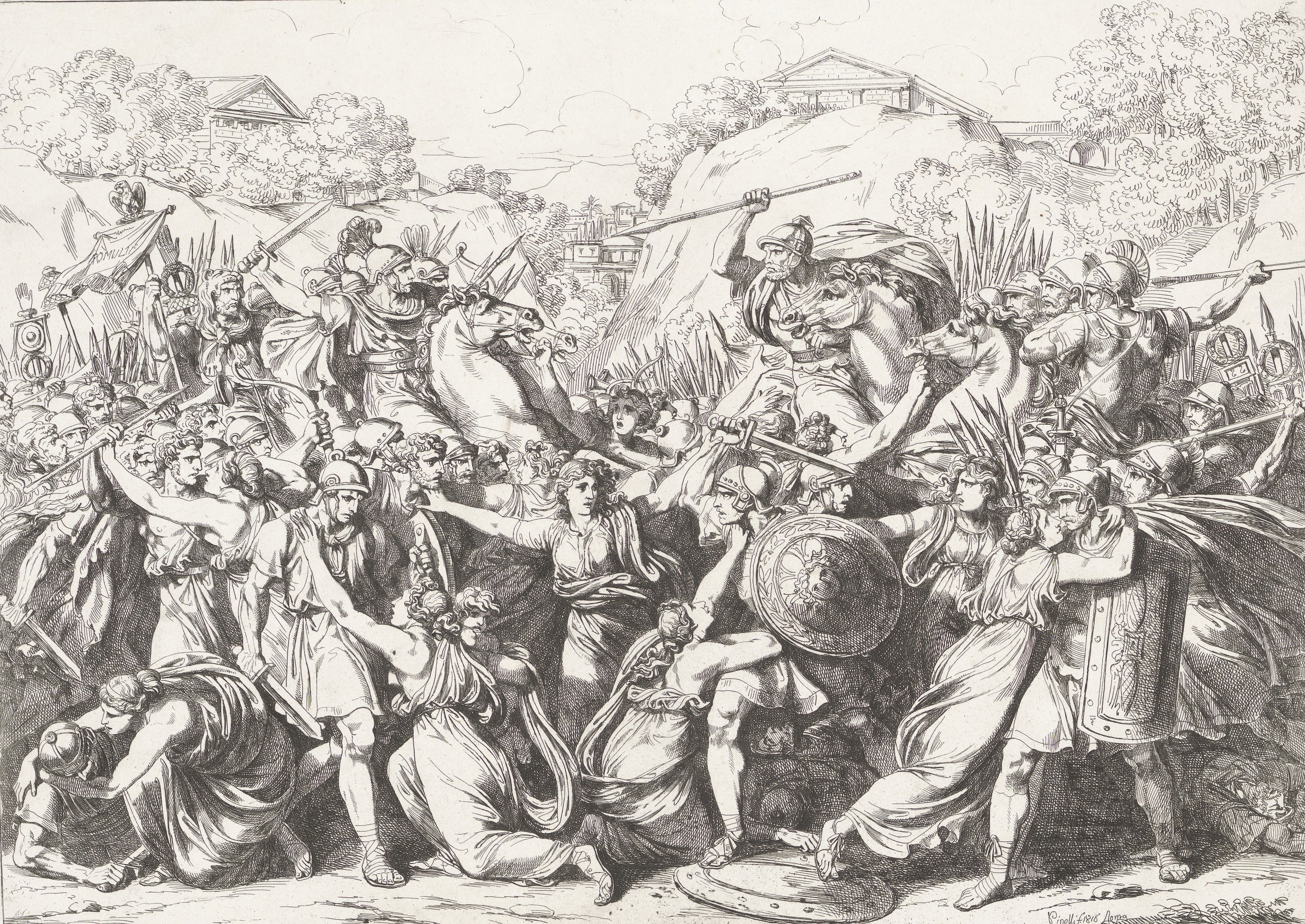 The Romans and the Sabines are appeased in the fury of combat