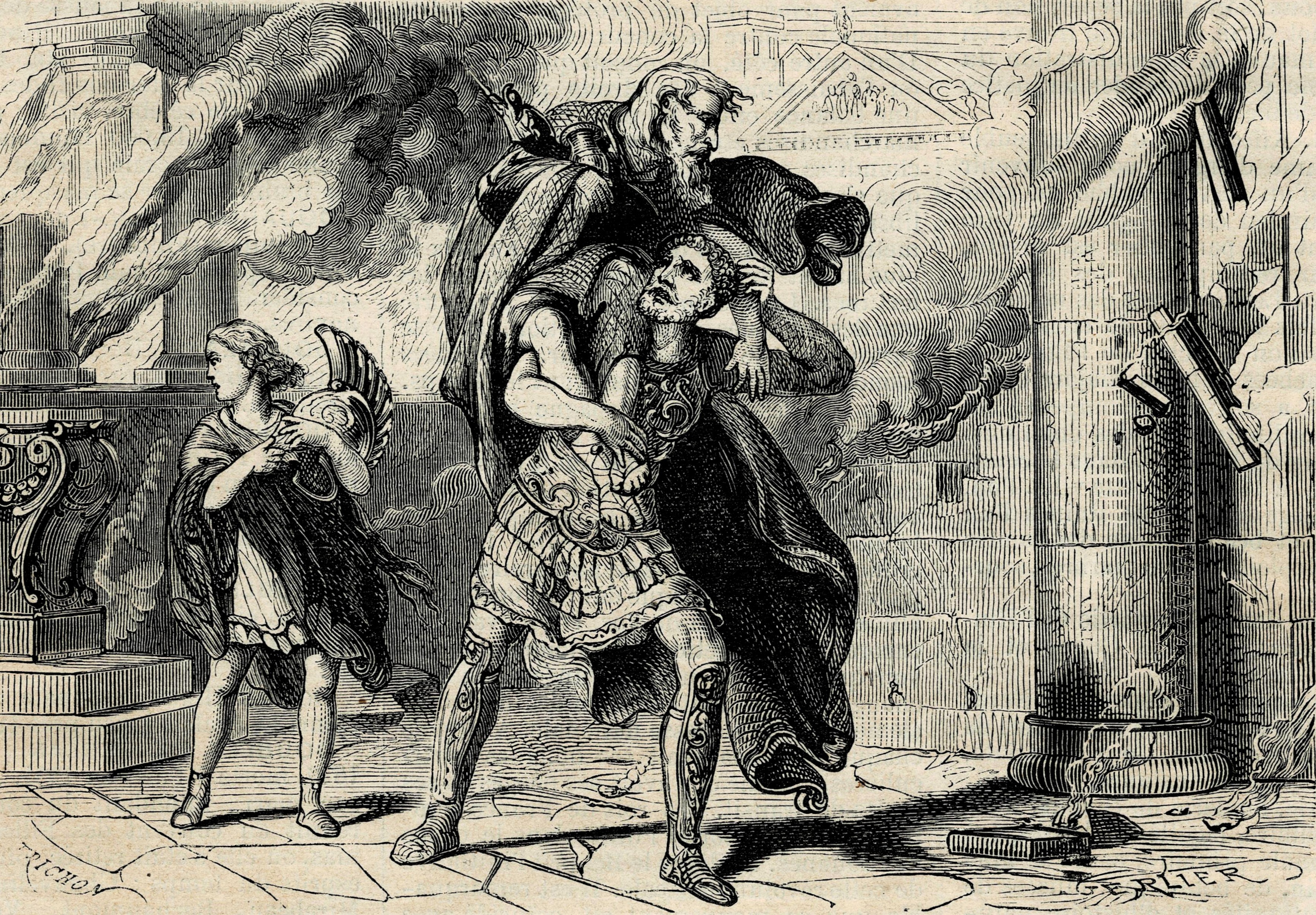Eneas carrying his father while fleeing Troy