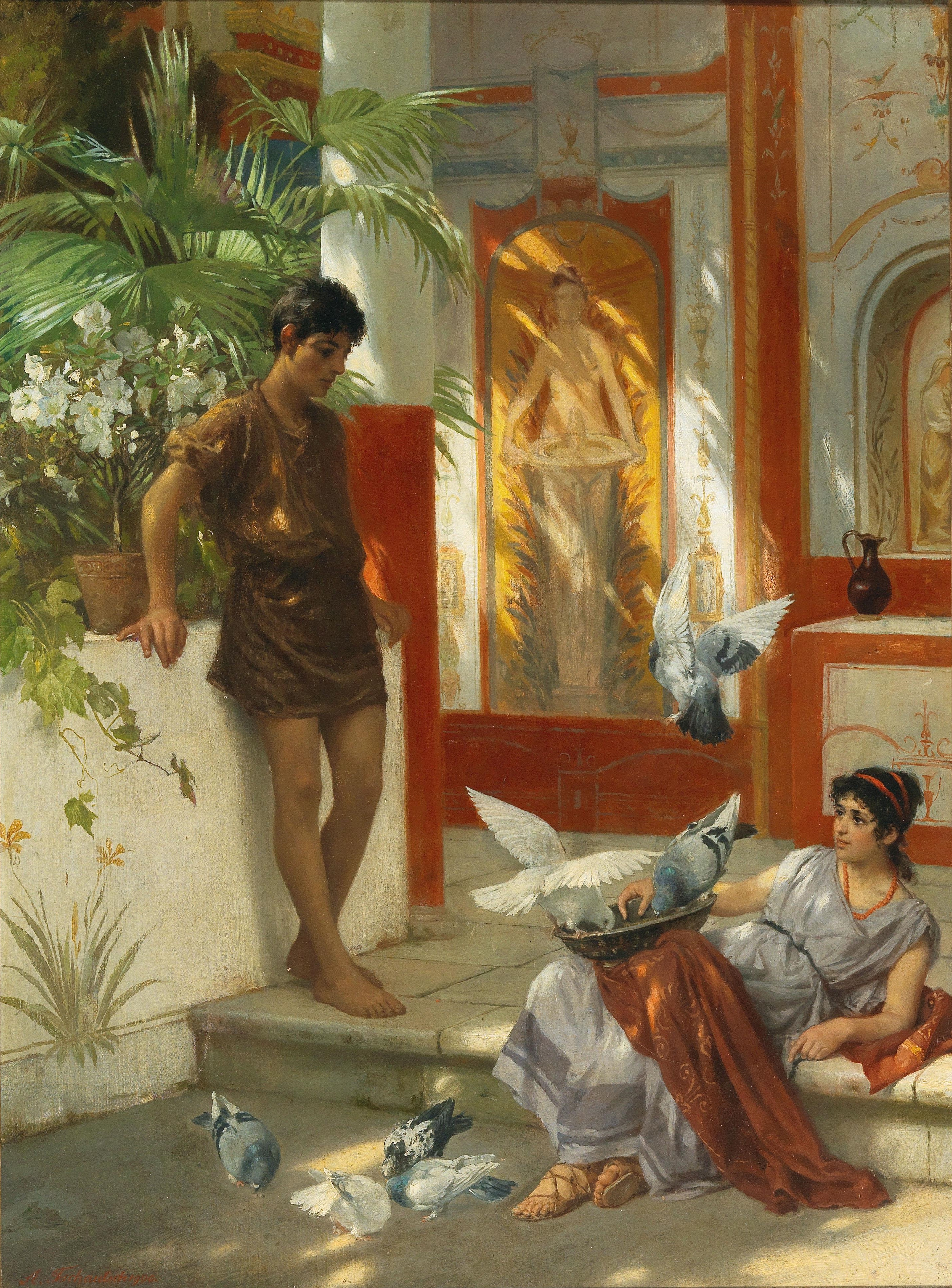 Feeding the doves in an Atrium or A scene in ancient Rome