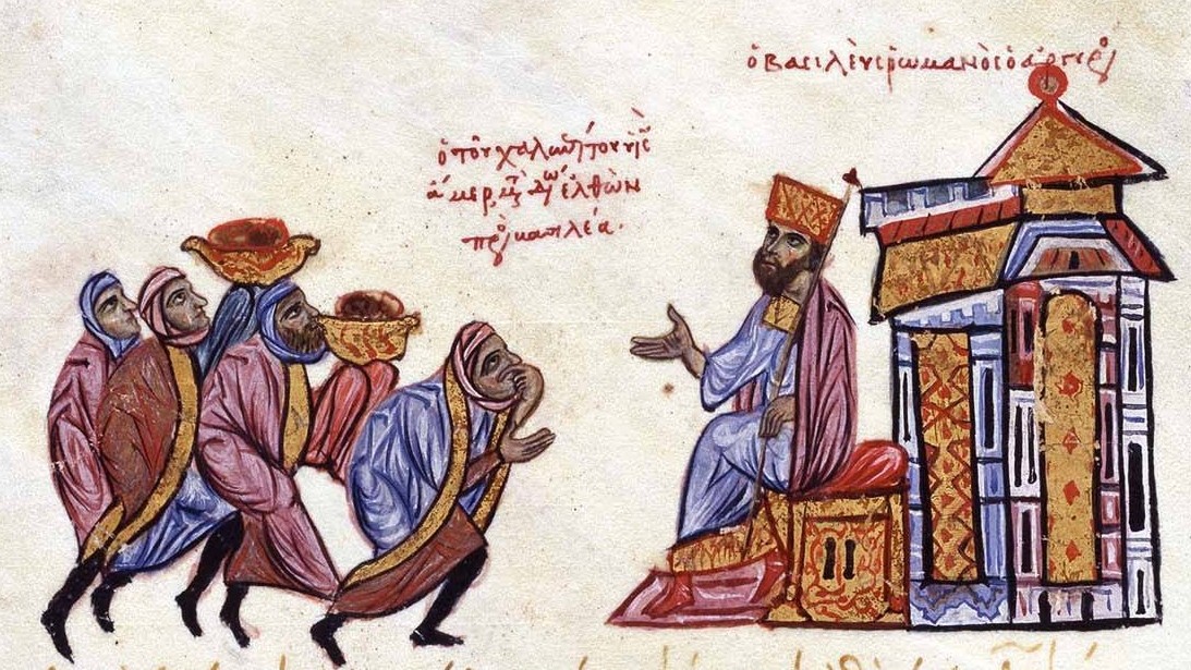 Emperor Romanos III Argyros receives an Arab delegation led by Amer