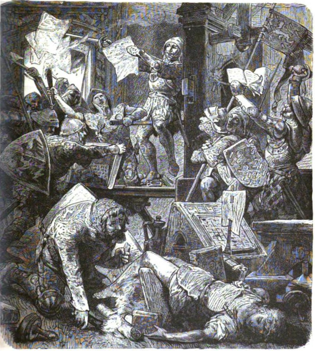 Destruction of Peter Schoffer's workshop during attack on Mainz by Adolph II of Nassau