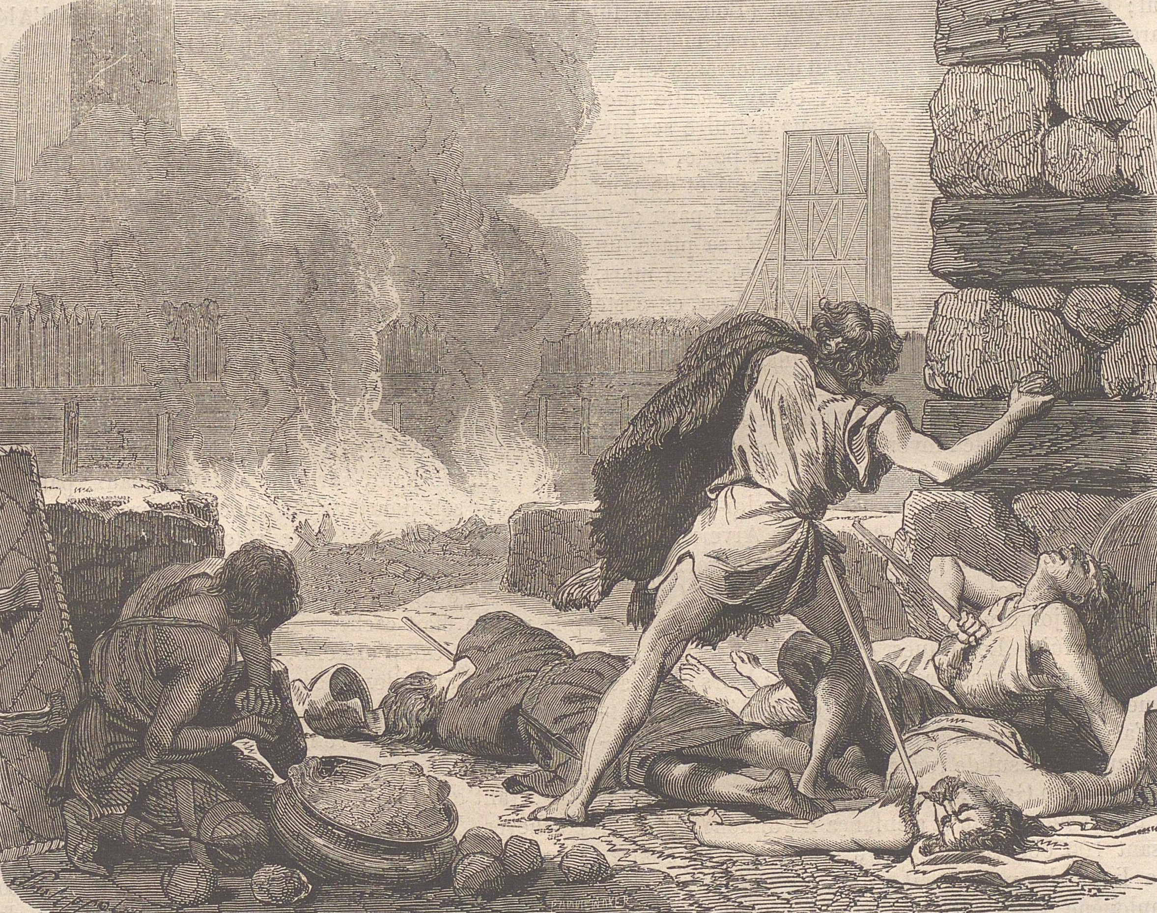Siege of Bourges (Avaricum) Gauls Throwing Balls of Tallow & Pitch on Roman Towers