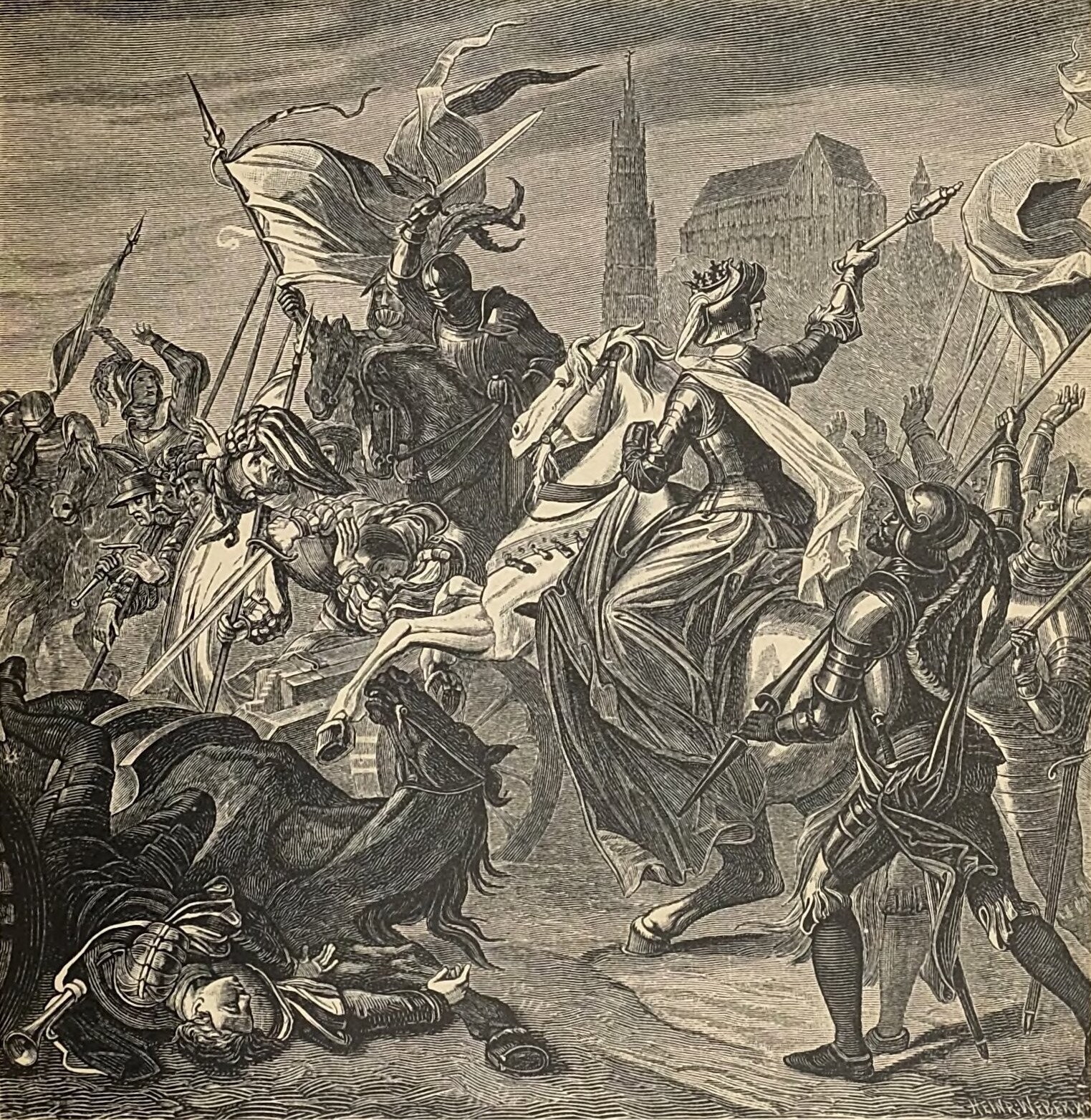Battle and victory of the Palatinate before Landshut, led by Elisabeth After painting by Barth