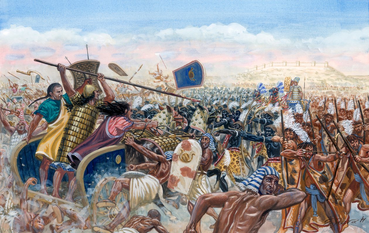 Charge of the Hittite tanks of Mupatalli against the Egyptian army of Ramses II during the Battle of Qadesh