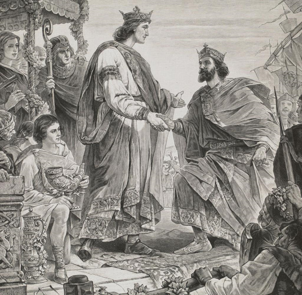 A meeting of Henry I of Germany and Charles III of France for the Treaty of Bonn