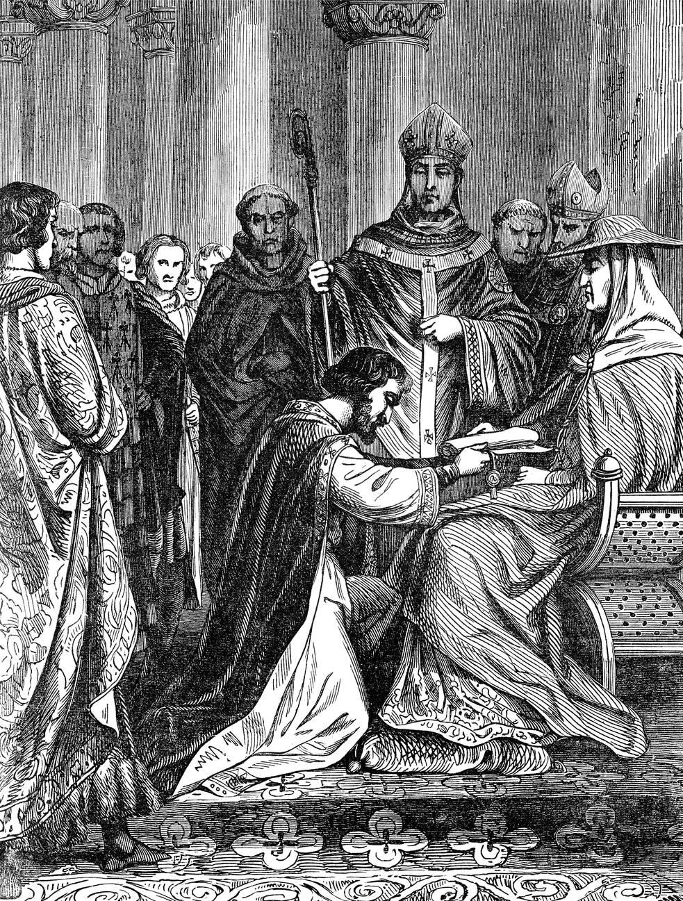Lothair II, king of Lotharingia, kneeling down before Pope Adrian II