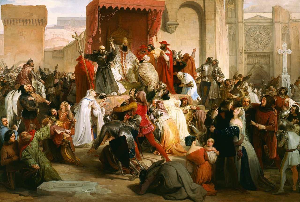 Pope Urban II in the square of Clermont preaches the First Crusade