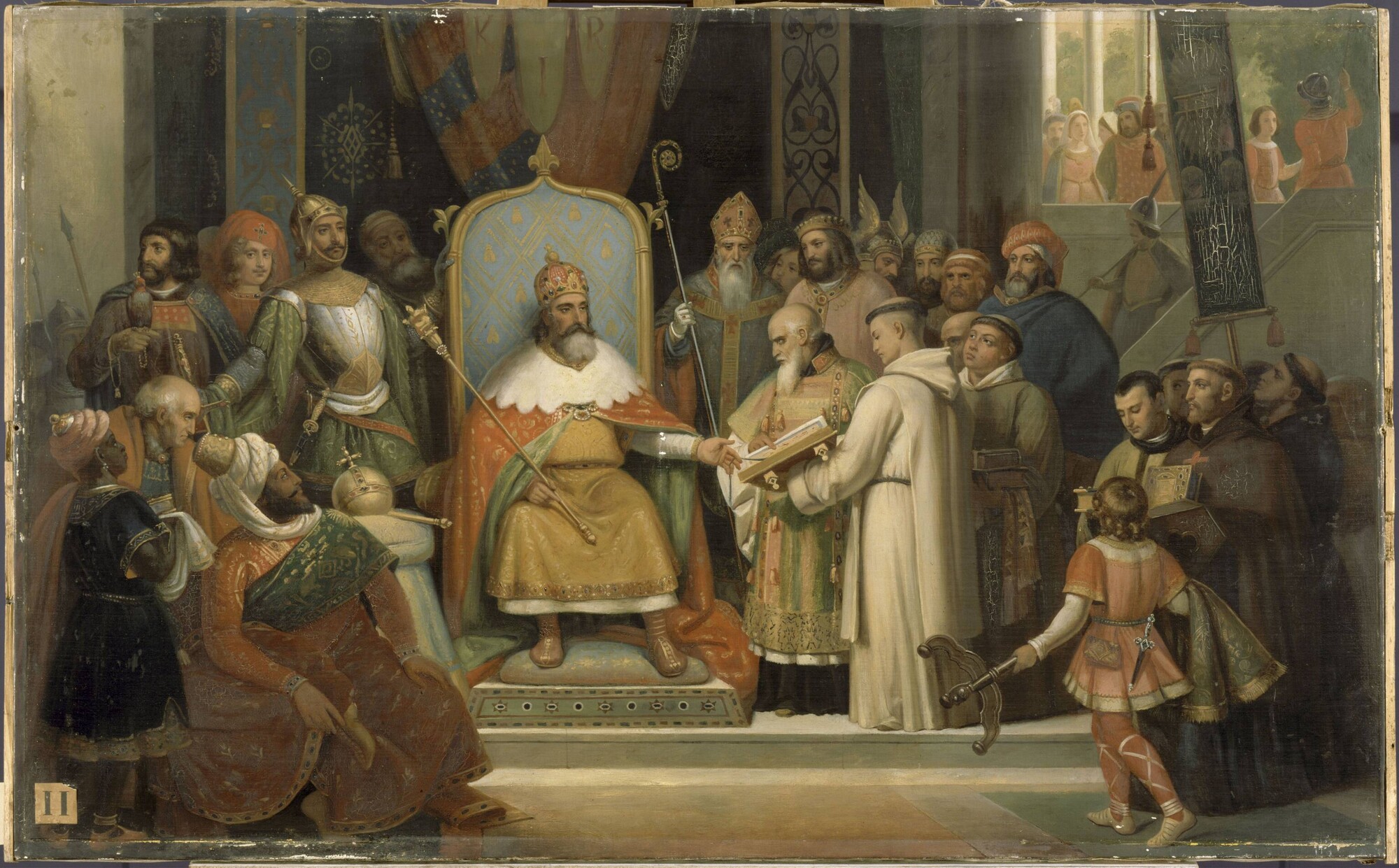 Charlemagne, presiding over the work of the scholars he has called to him to teach in the schools