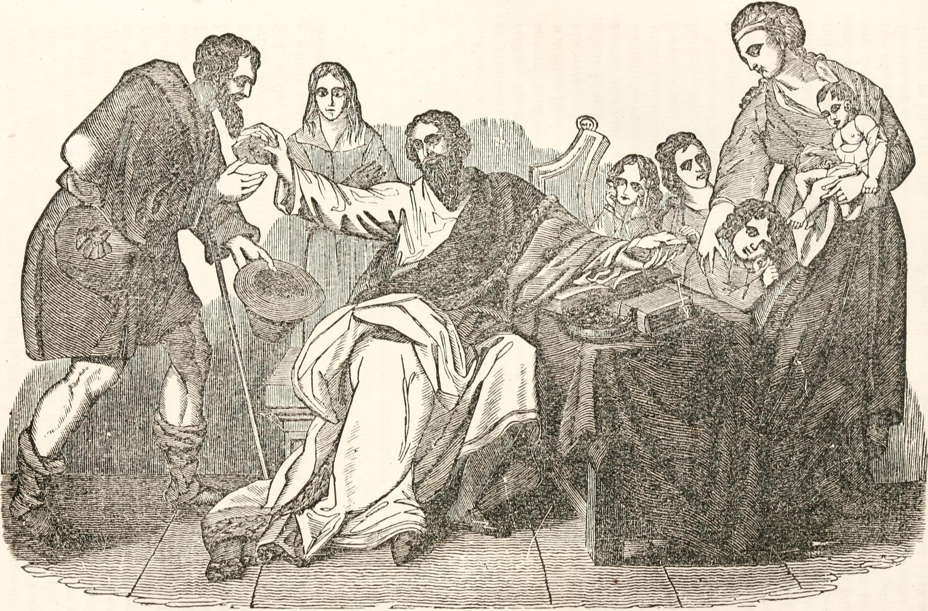 Alfred the Great dividing his Loaf with a Pilgrin from a Painting by West