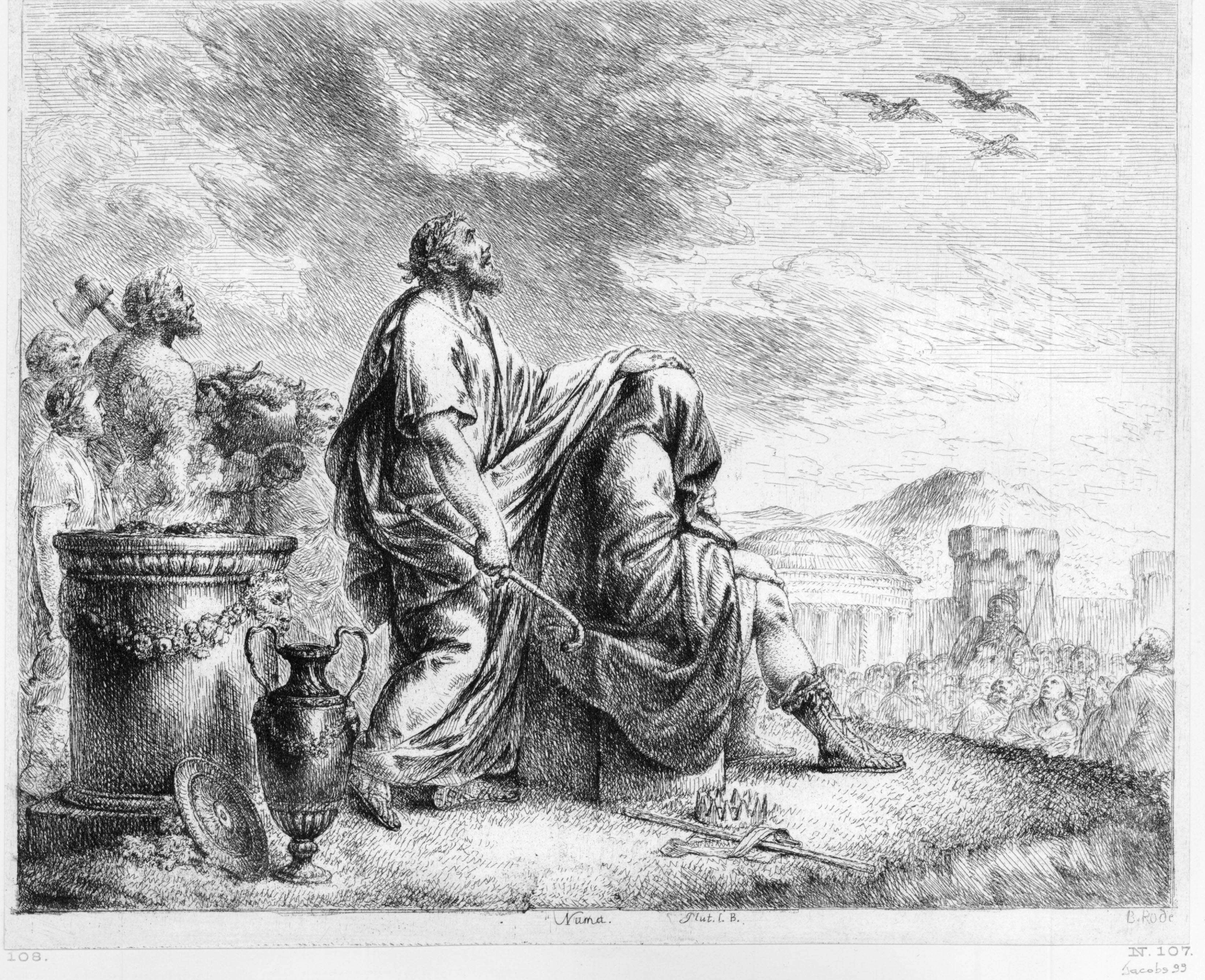 Augur behind the covered body of Numa Pompilius at an auspicium ceremony to look at the sign from the birds on Numa