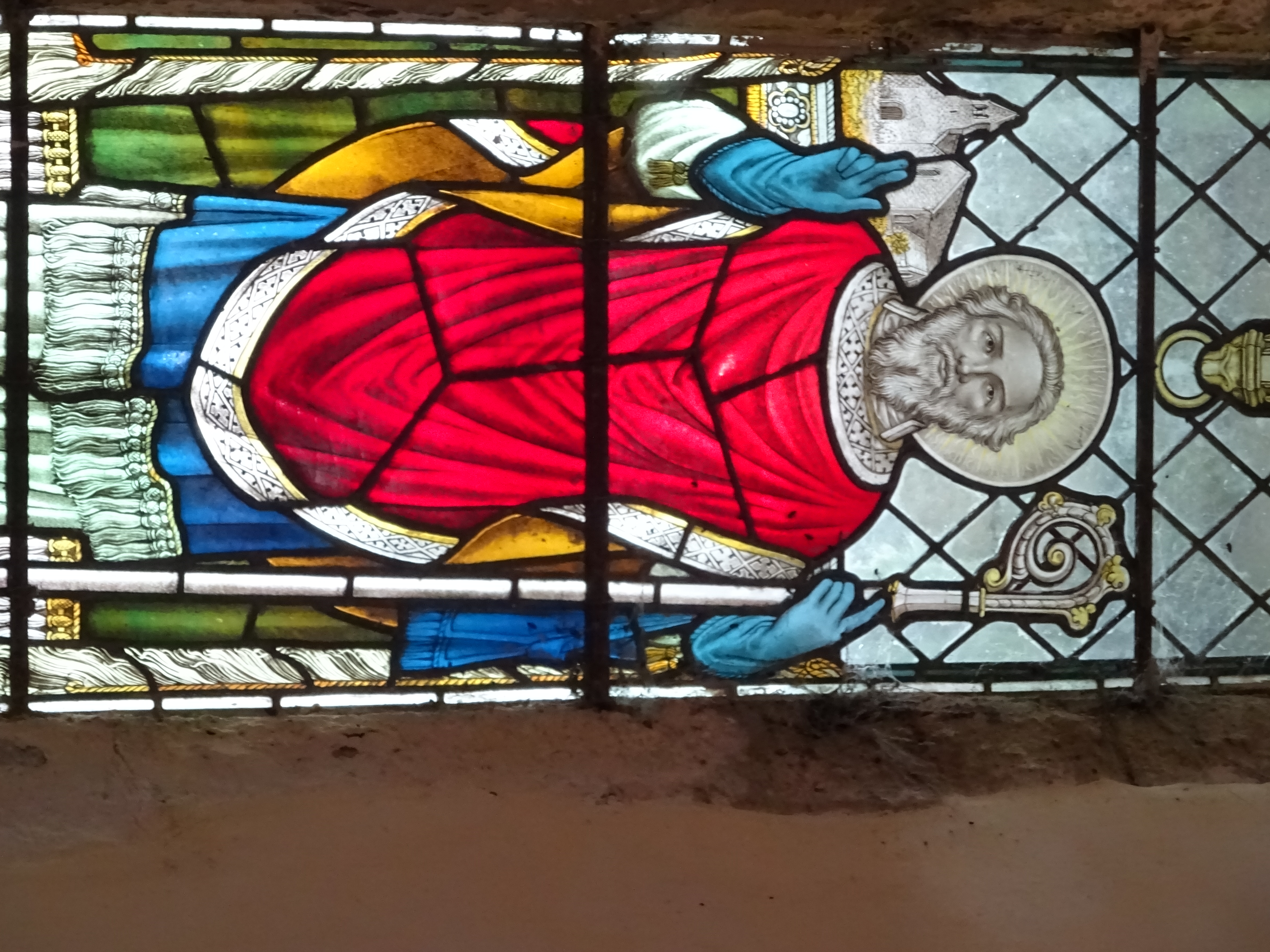 Saint Germain of Auxerre on a stained-glass window inside Llanarmon-yn-Iâl, Denbighshire, Wales