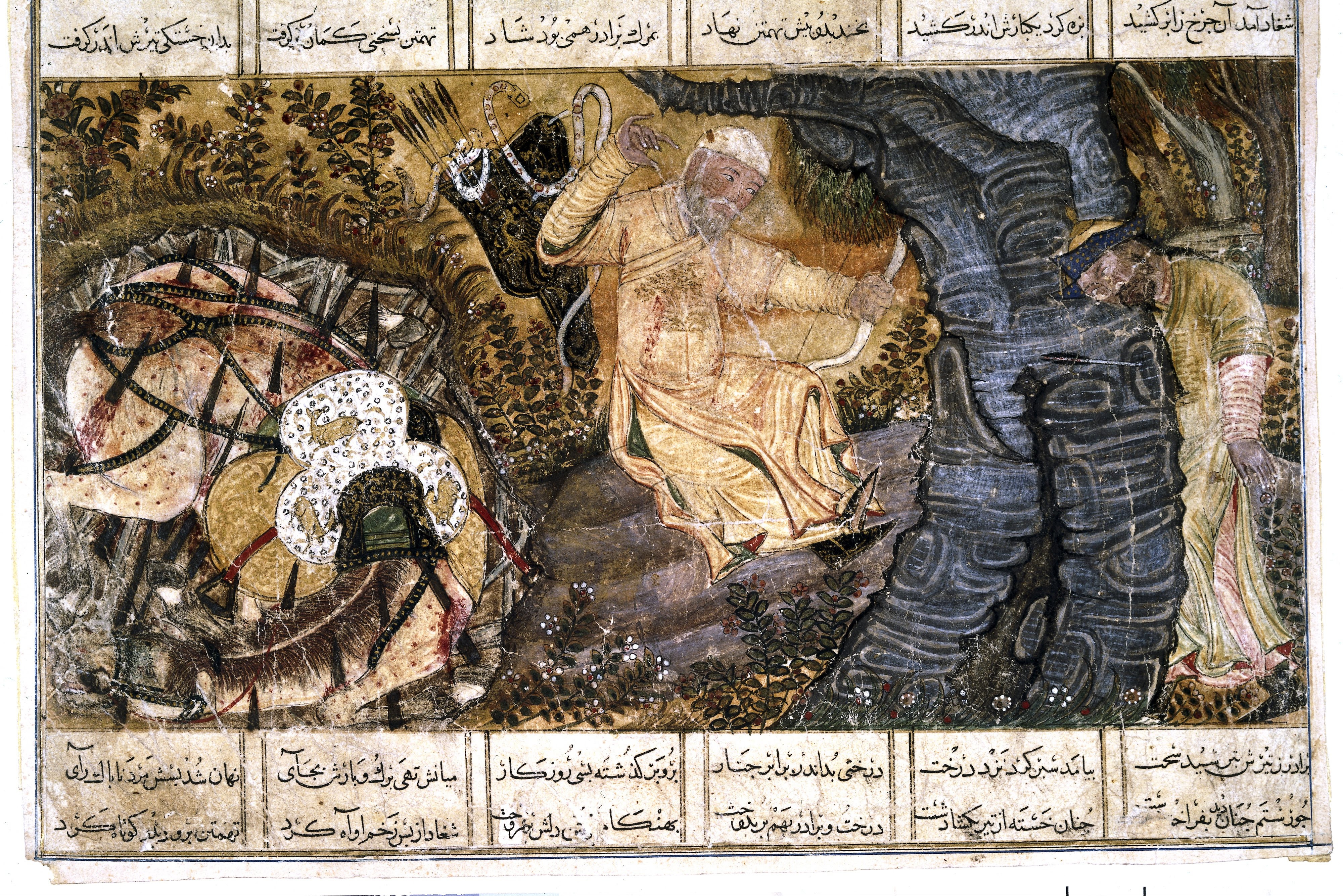 The death of the hero Rustam and his horse Rakhsh, a painting in gouache on paper