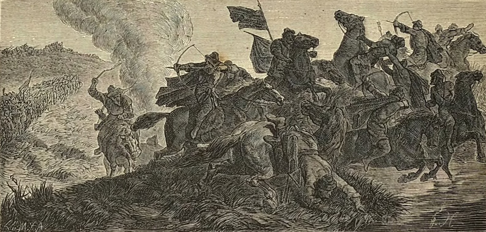 Hungarians attacking German formation at the battle of Lechfeld