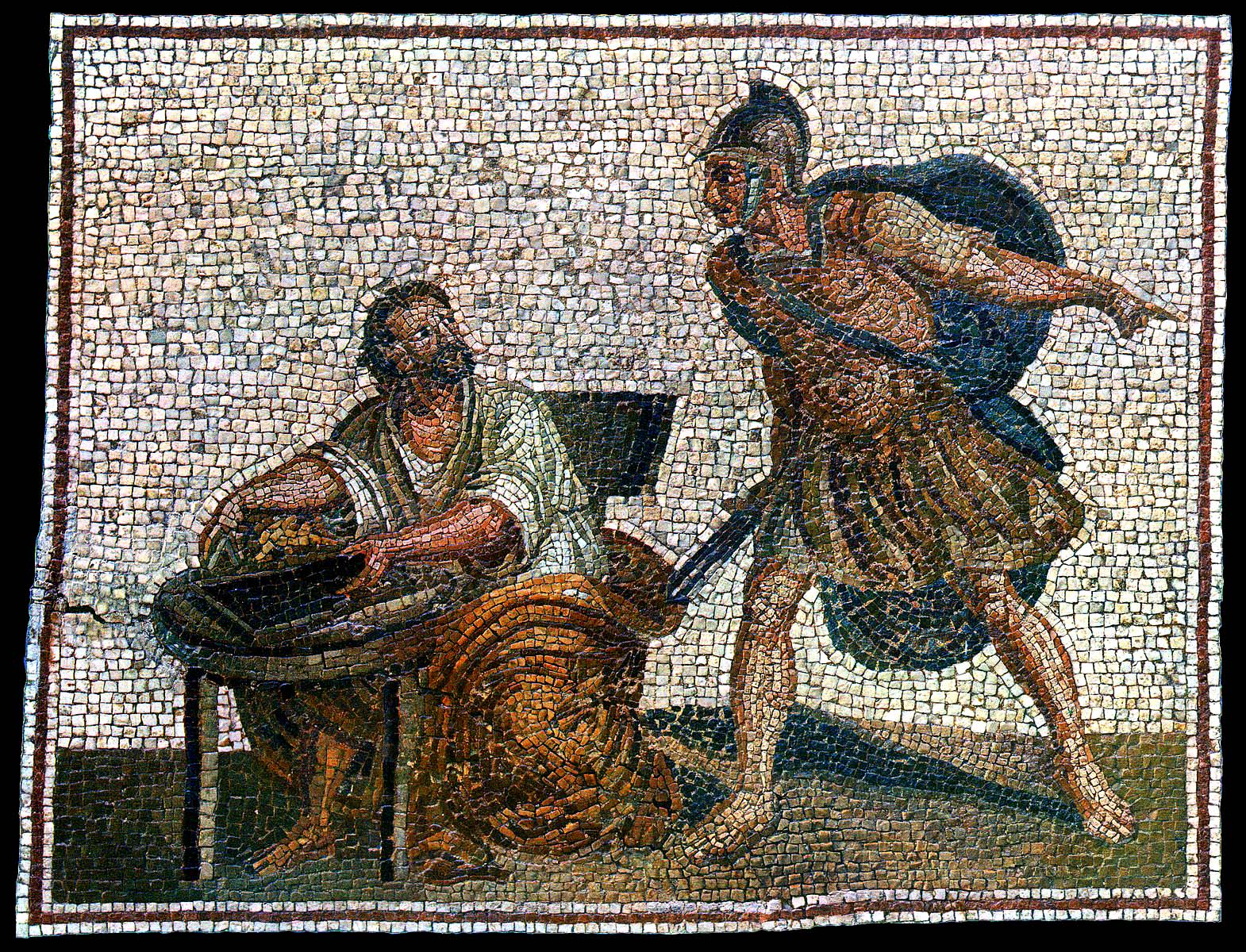 Archimedes before his death with the Roman soldier, Roman mosaic