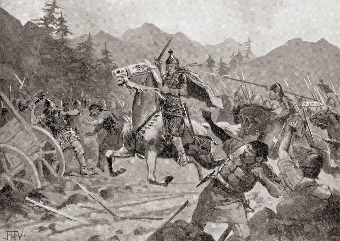 Basil II fighting the Bulgarians at the Battle near Setaina