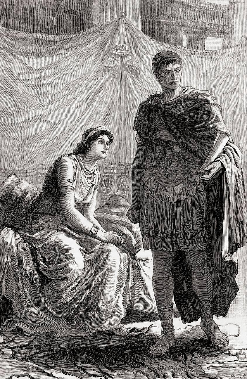 The interview between Cleopatra and Octavian, after his victory over Mark Anthony at the battle of Actium in 31 BC