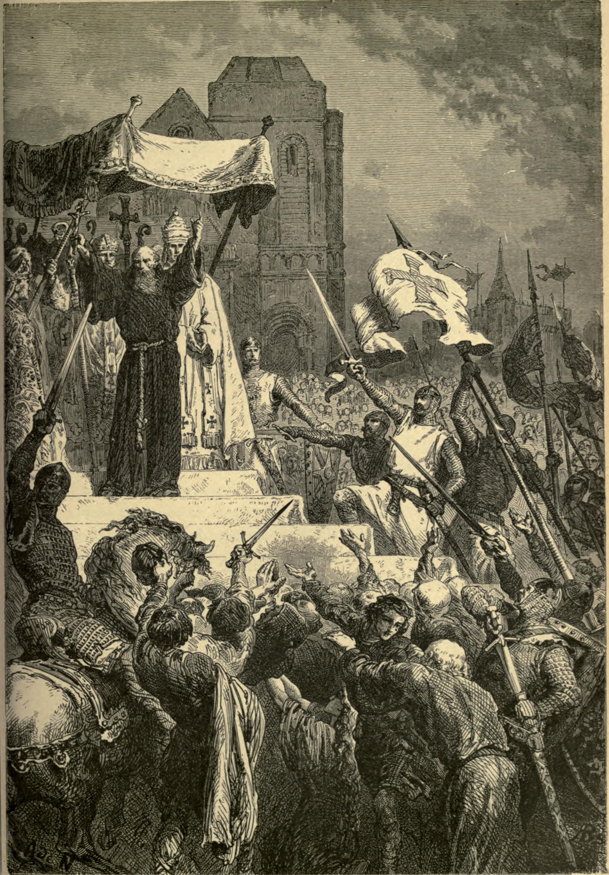 Pope Urban II preaches preaches the First Crusade at the Council of Clermont