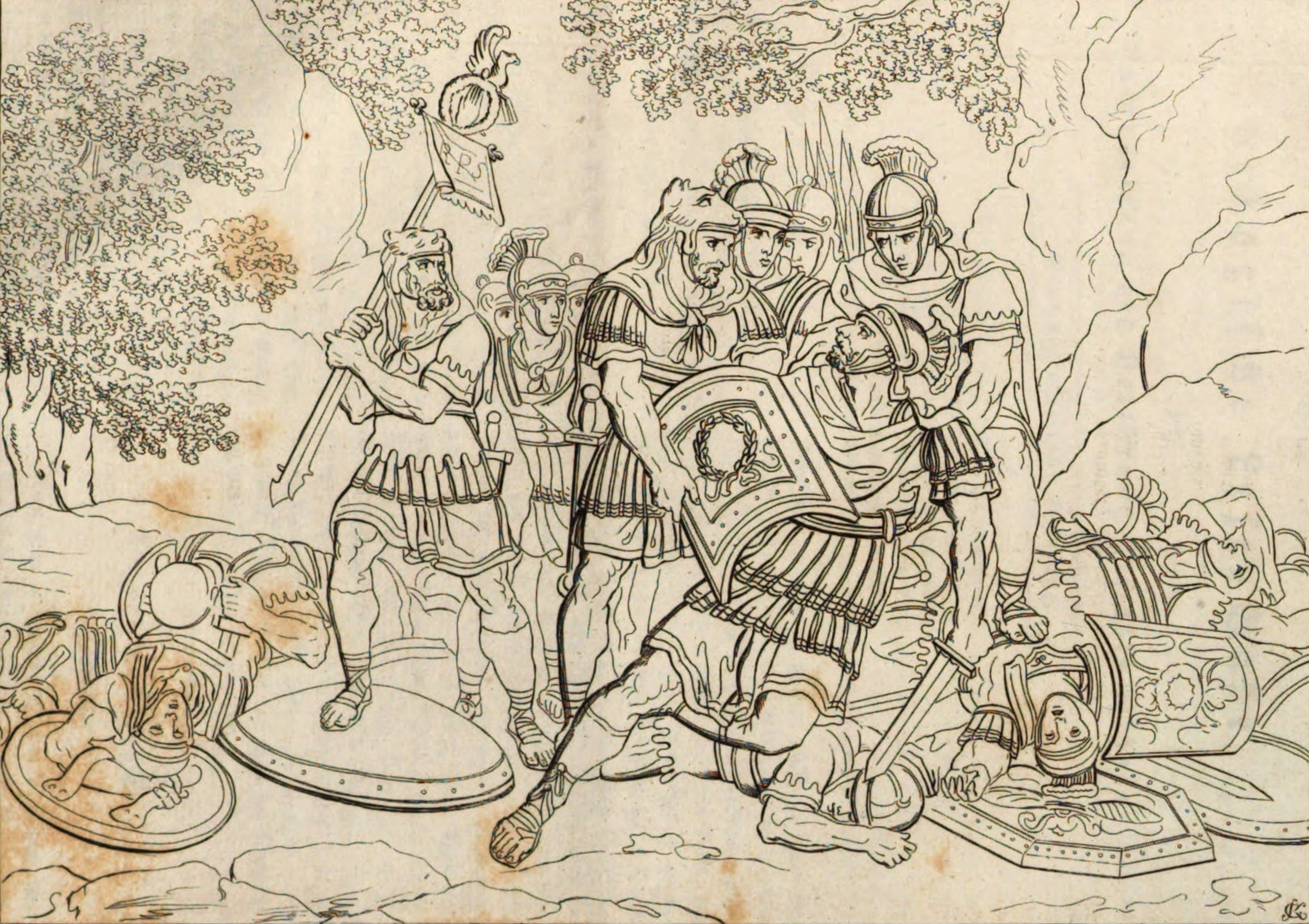 Tribune Calpurnius Flama is pulled out half-dead from among the corpses of his brave companions