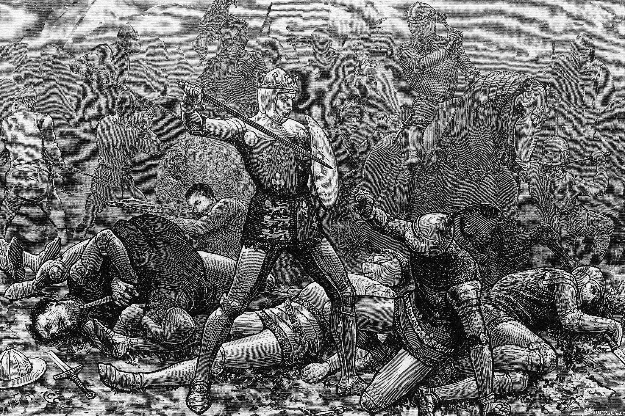 France's Duke of Alencon (R kneeling) crouching in defeat of England's Henry V (L) at Battle of Agincourt during Hundred Years War
