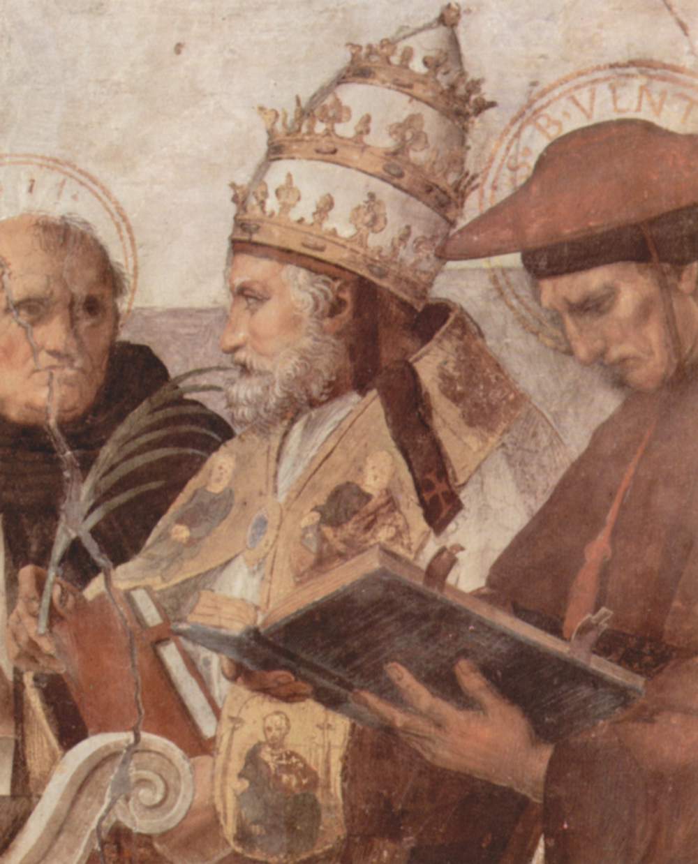 Glorification (Disputa) of the Holy Sacrament of the Altar, detail, St. Thomas Aquinas, Pope Innocent III, St. Bonaventure