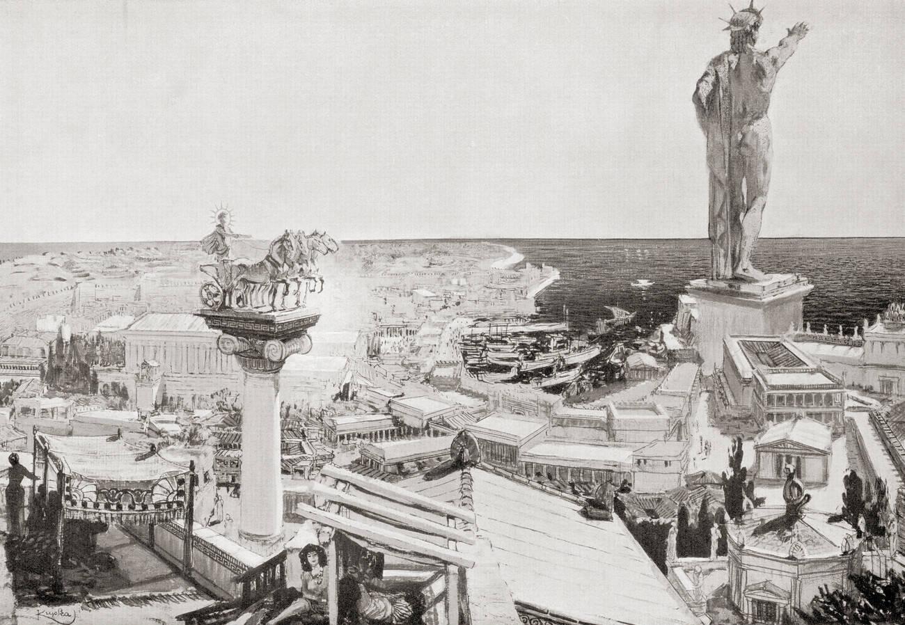 The Colossus of Rhodes. A statue of the Greek titan-god of the sun Helios, erected in the city of Rhodes, Greece by Chares of Lindos