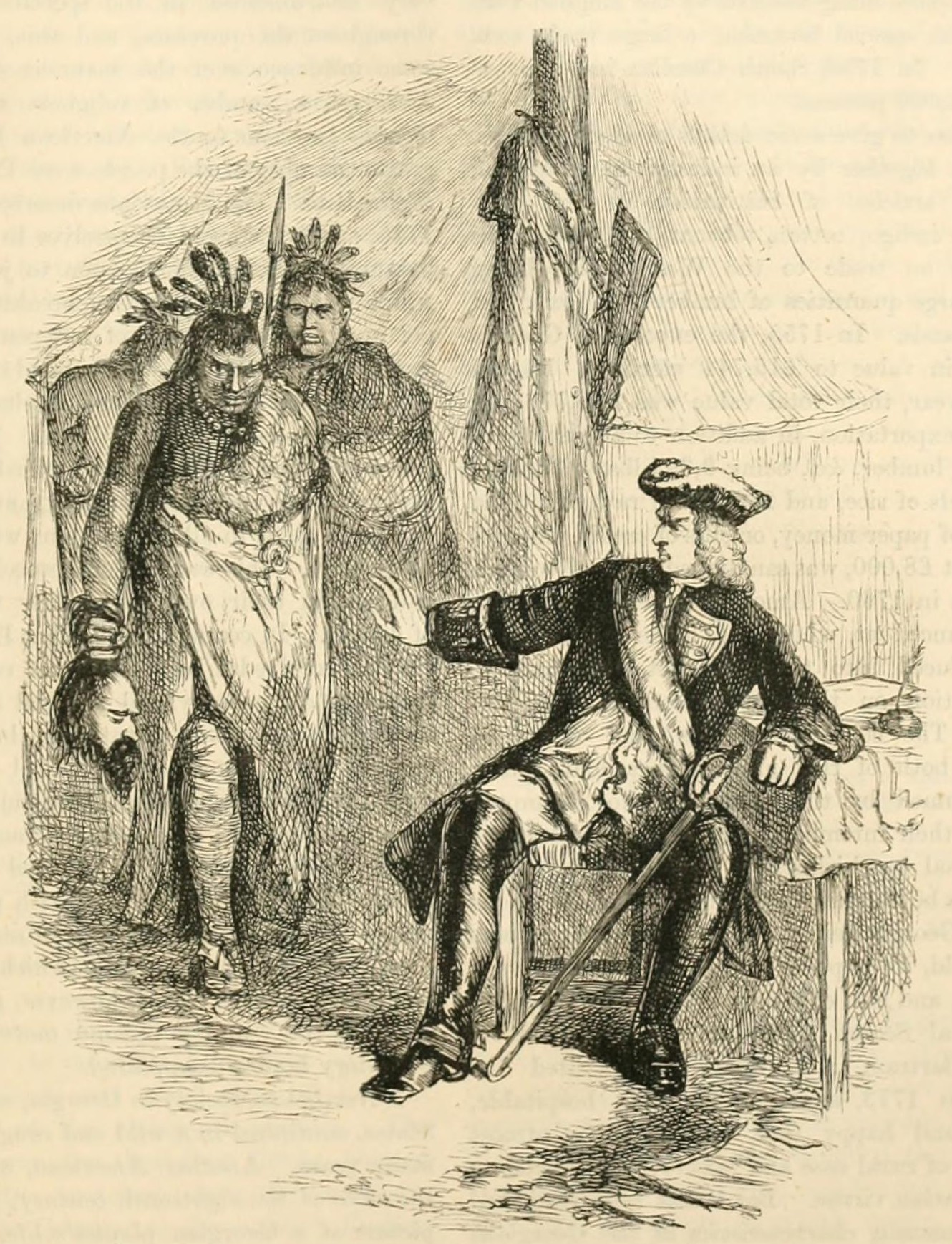 Chickasaws with the Spaniard head before Oglenthorpe, Siege of St. Augustine, Cassell's history of the United States by Ollier, Edmund Ollier