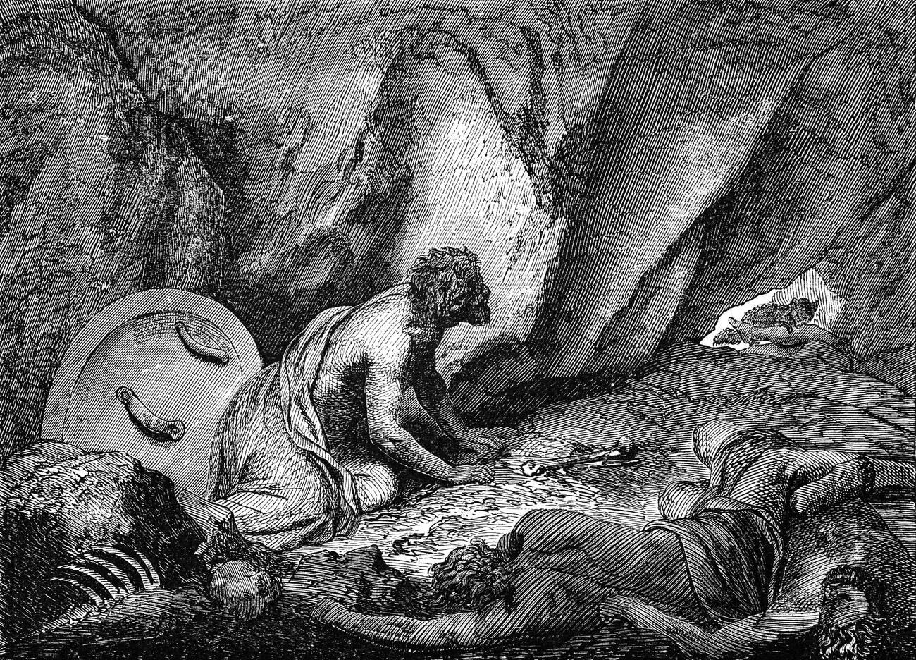 Aristomenes thrown into a pit by Spartans saved by a fox