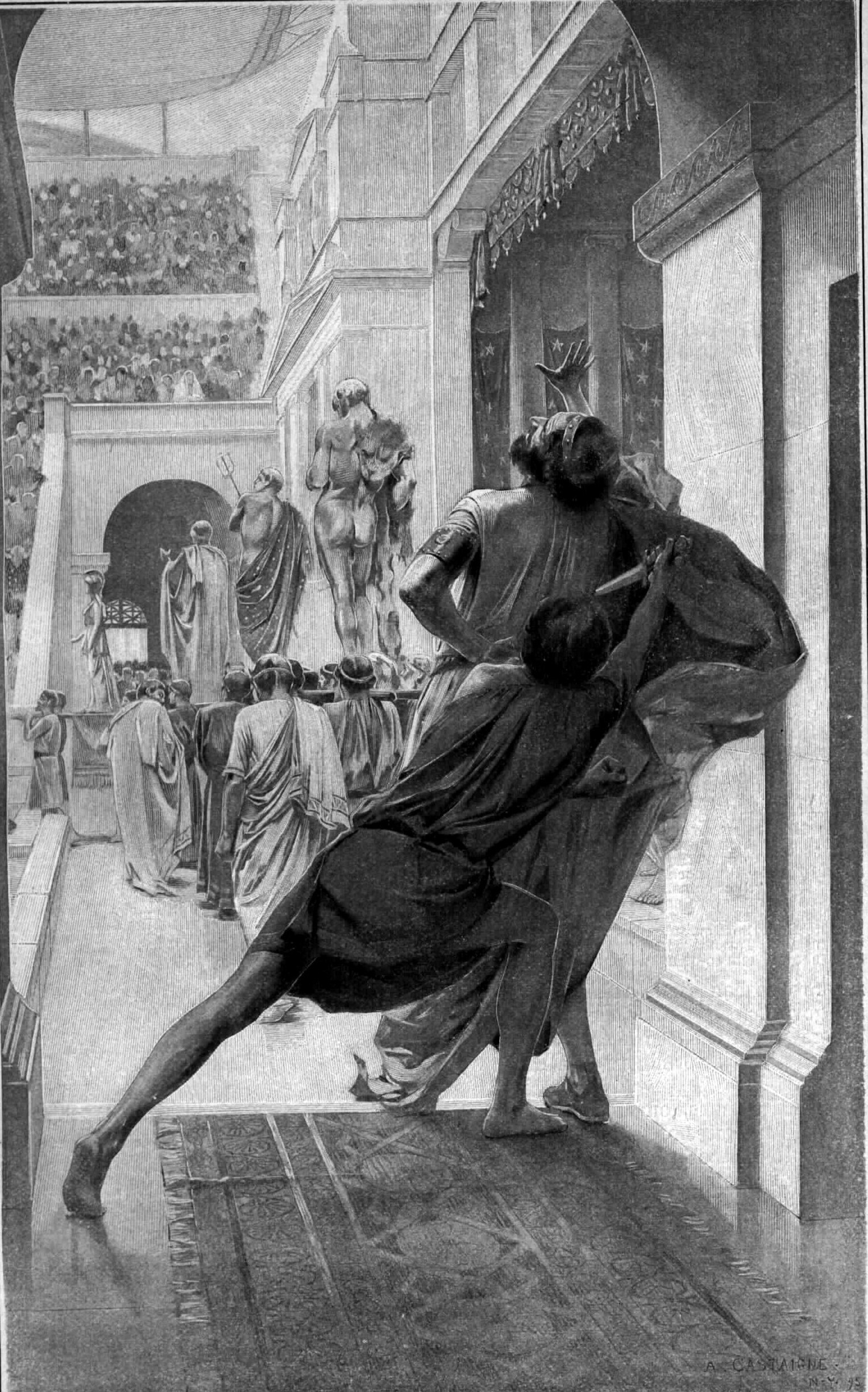 Pausanius assassinates Philip during the procession into the theatre