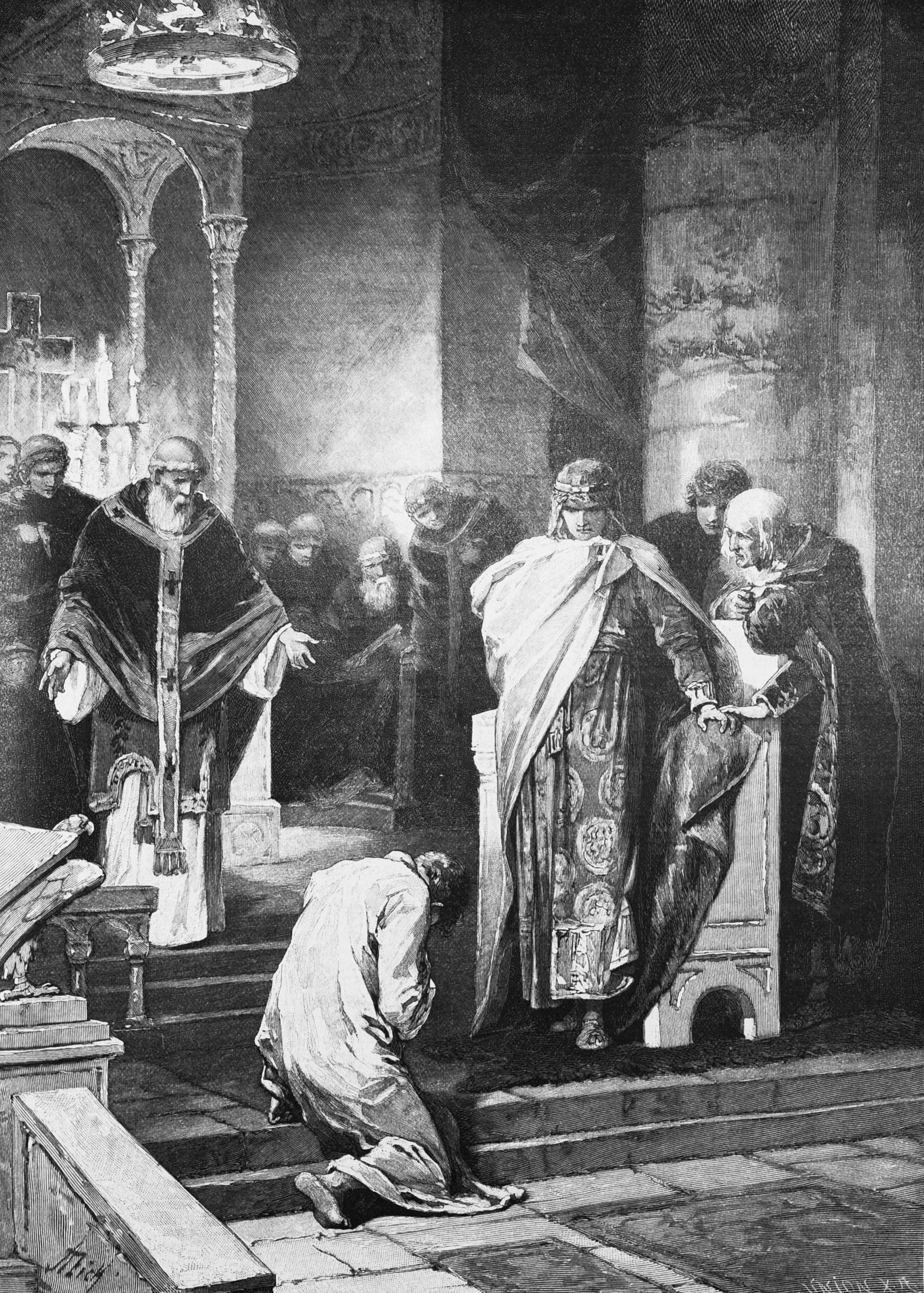 Dec 25, Otto the Great forgives his brother Henry. After an original drawing by A. Zick.