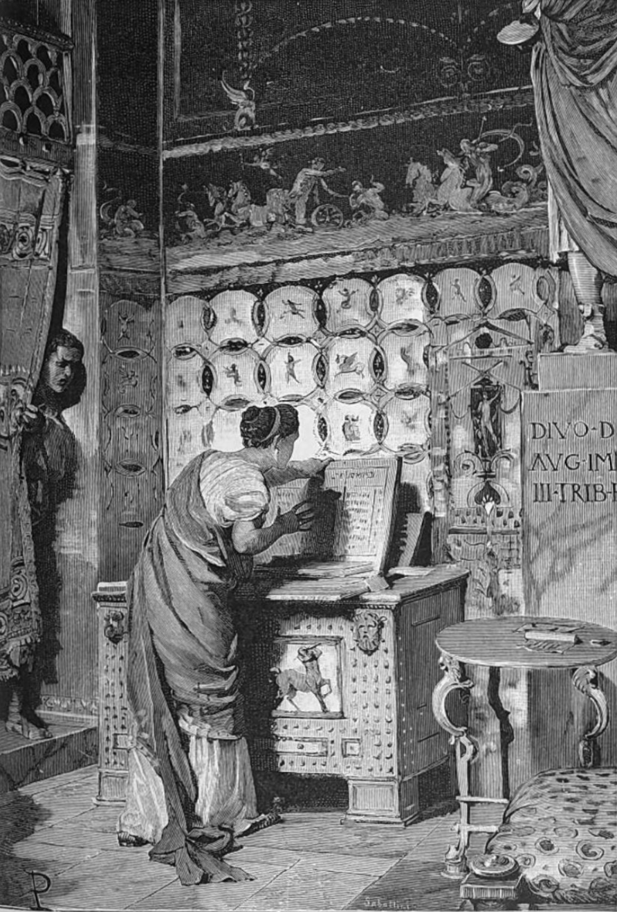 Domitia reads her name on the proscription tablets