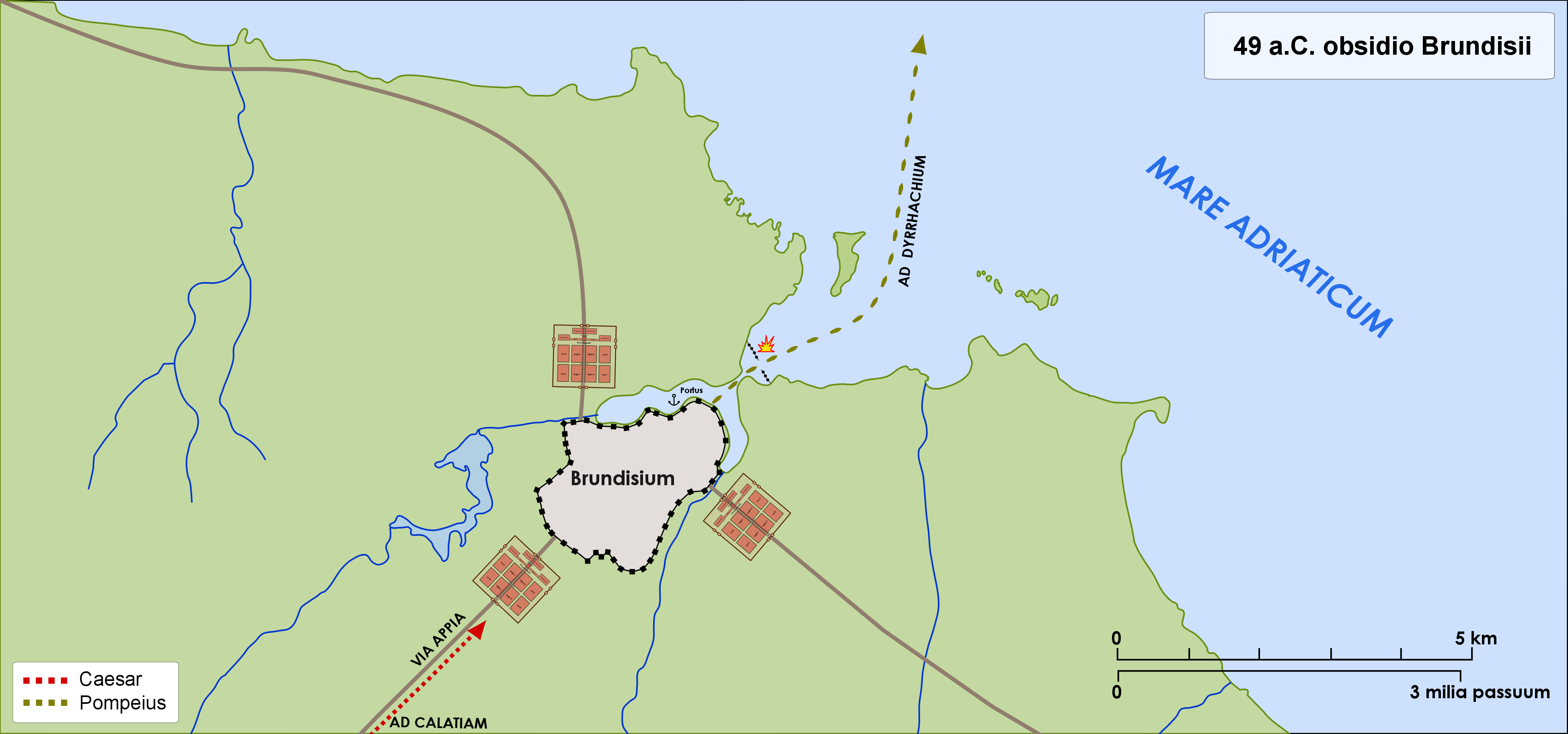 Caesar besieged Pompey at Brundisium (March 9-17