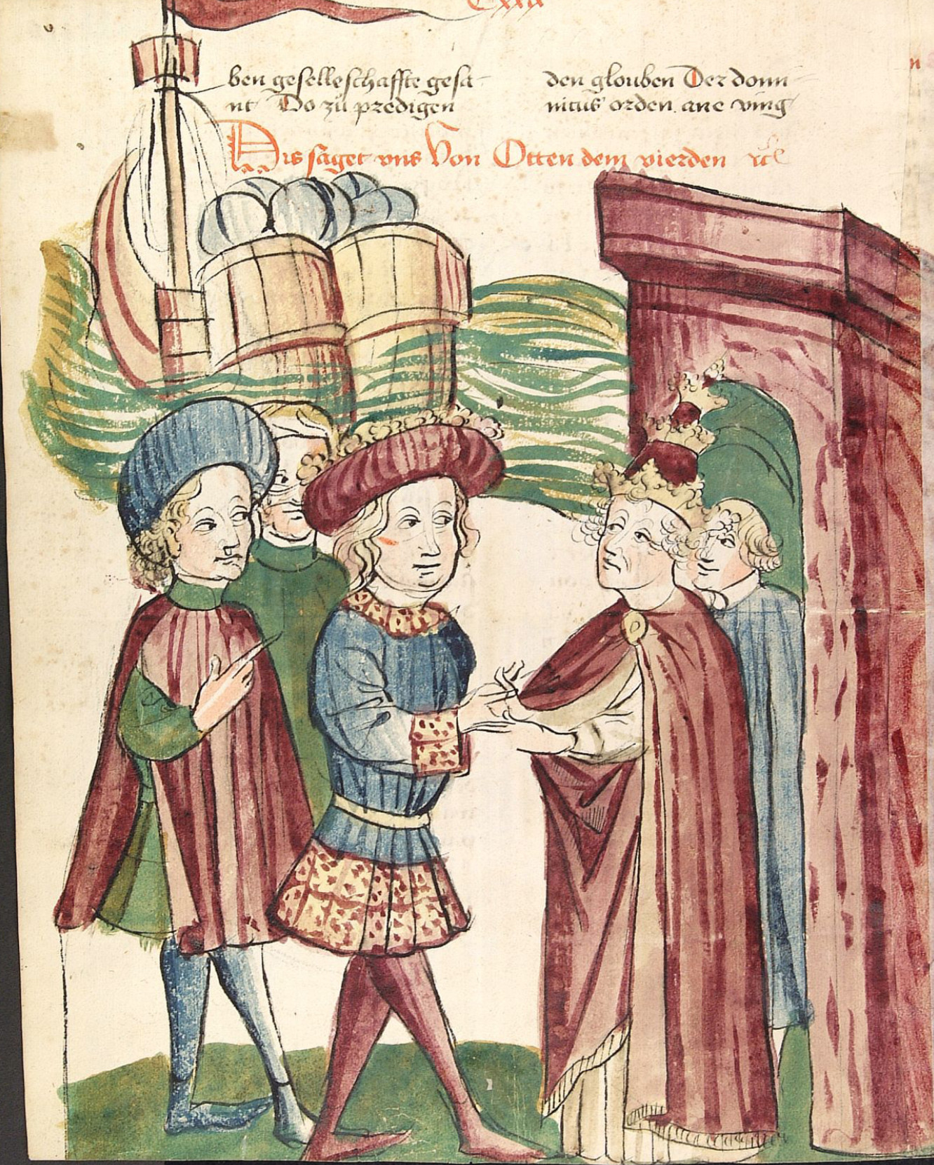 or 1212 Otto IV & Innocent III shake hands in front of ships of Frederick II