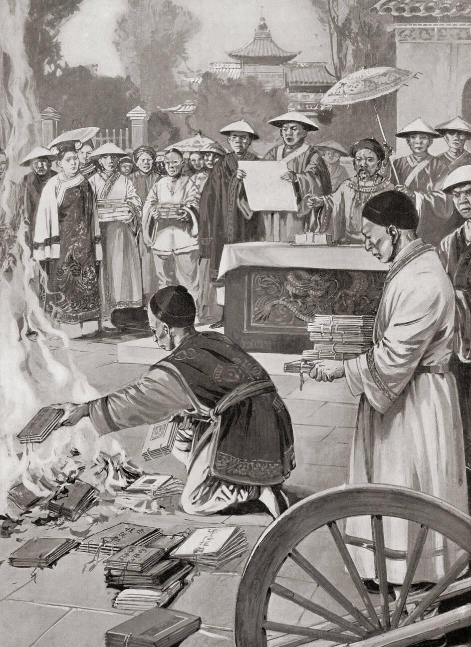 The burning of texts  by the First Emperor of the Qin dynasty of ancient China