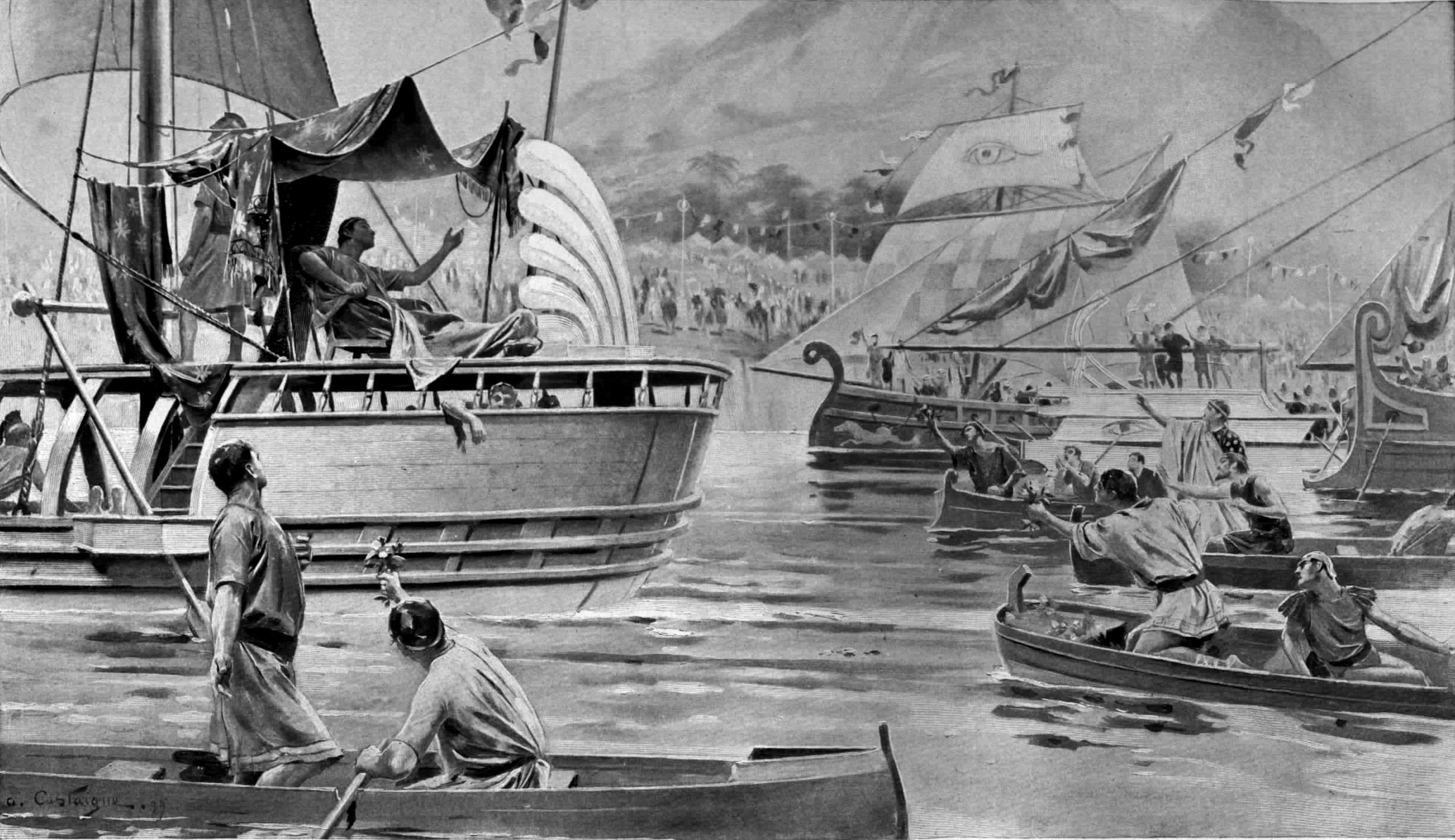 The wounded Alexander passing through his fleet in India