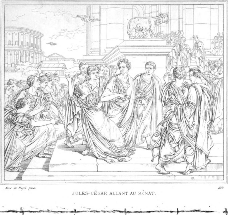 Caesar is in the middle of the picture, preceded by Decimus Brutus near him is Mark Antony supporting Calpurnia who faints