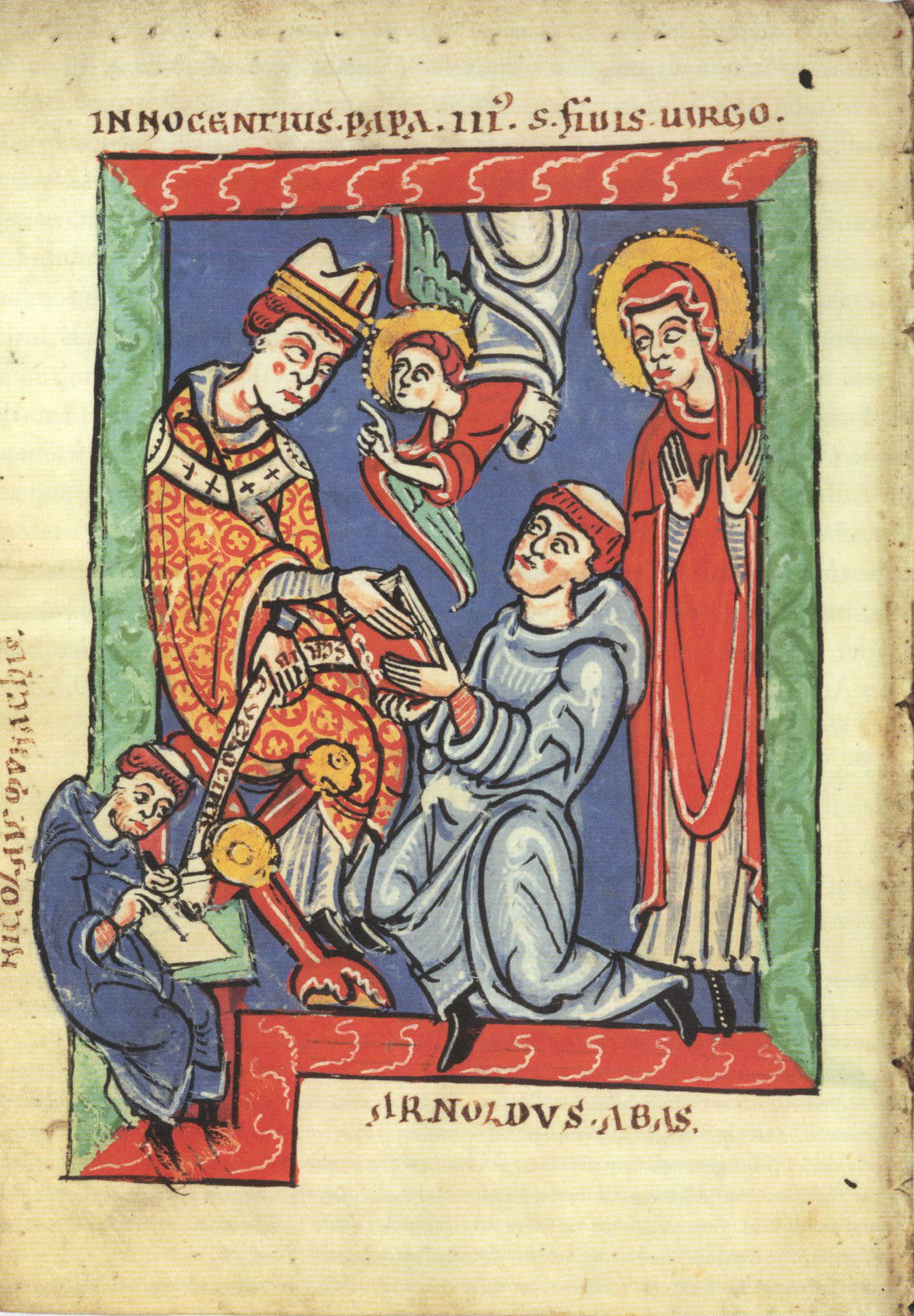 Pope Innocent III hands a collection of his sermons to Abbot Arnaldus of Cîteaux, who kneels before him