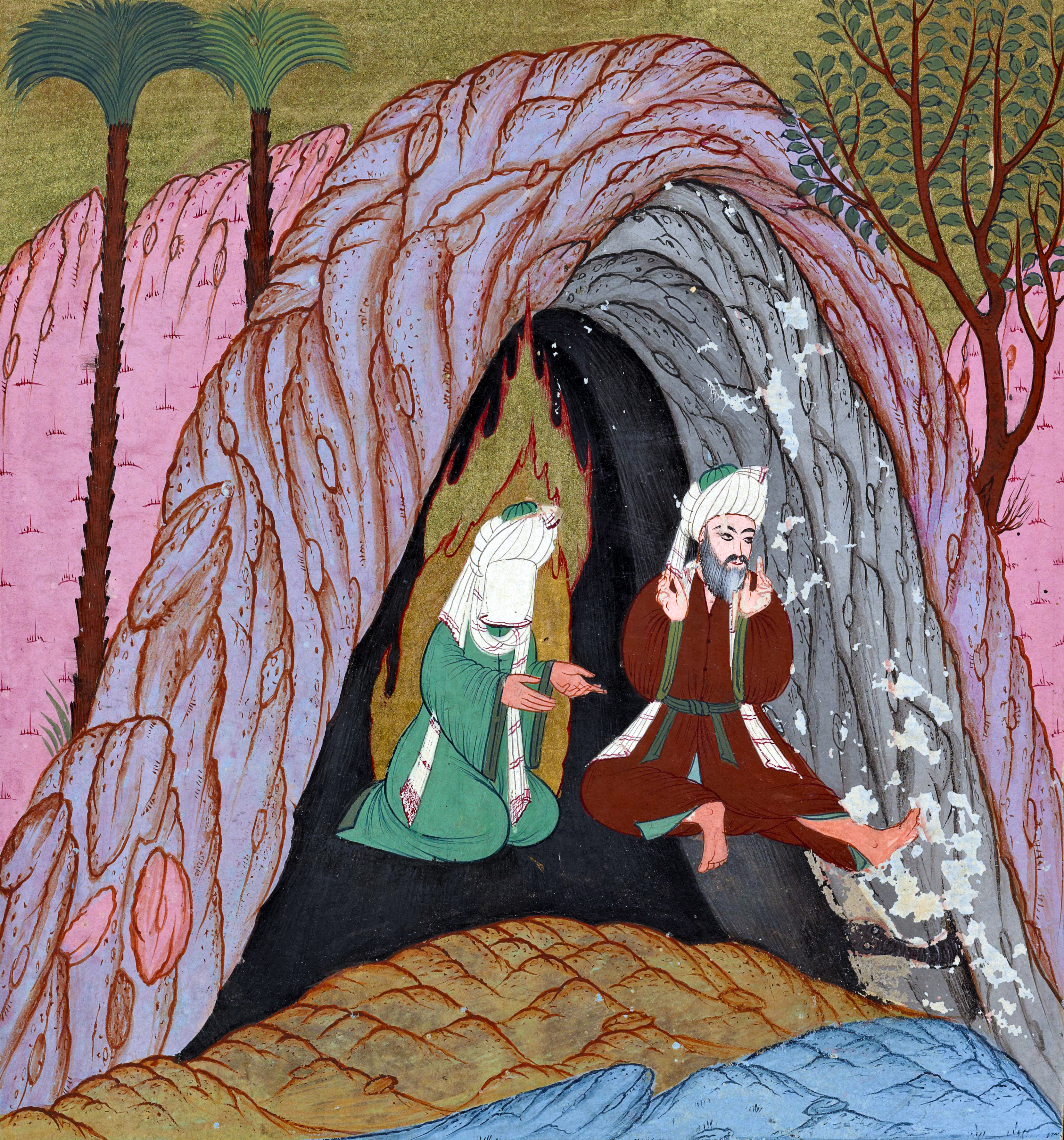 Muhammad and Abu Bakr hiding in the cave near Thawr