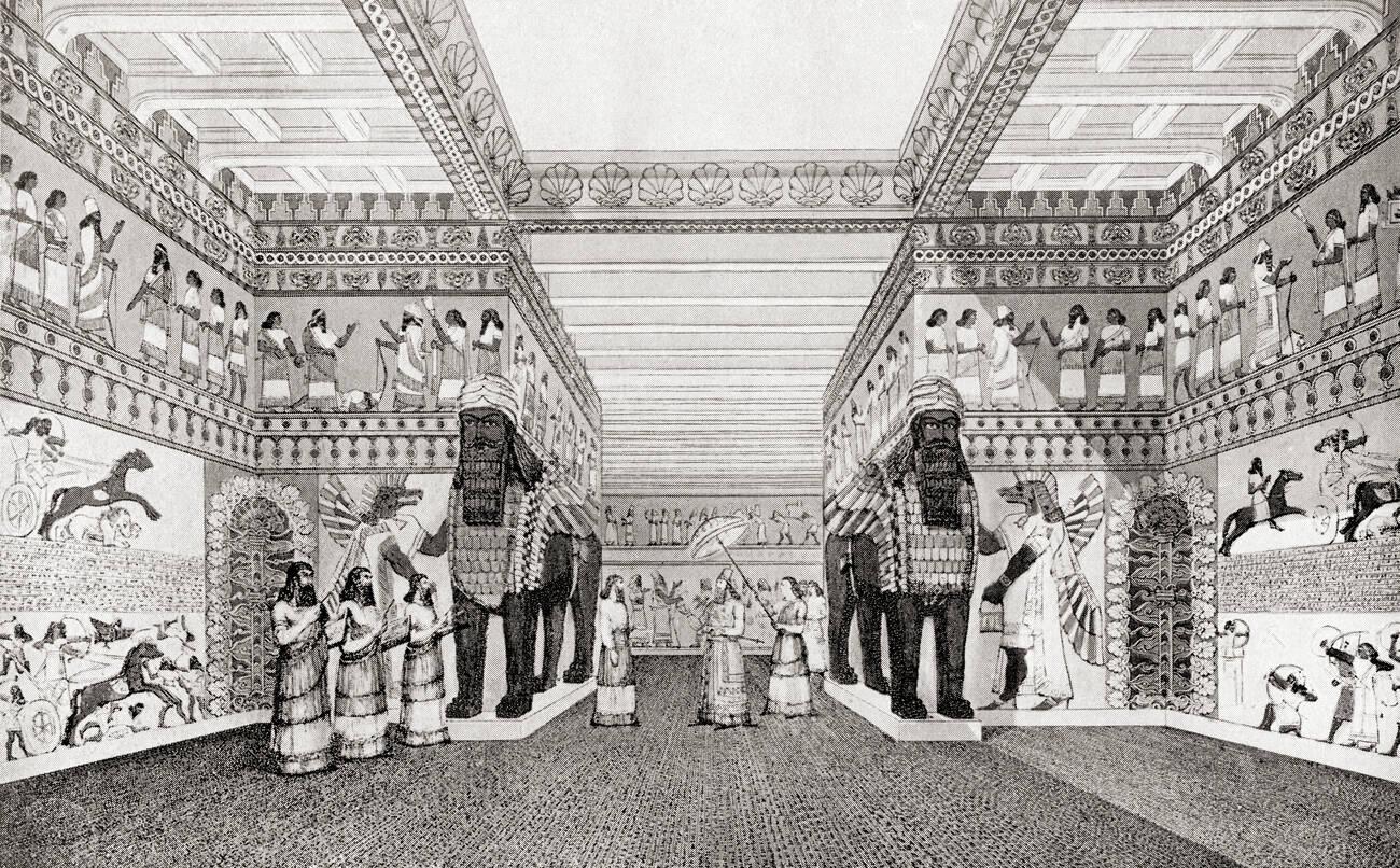 Artist's impression of one of the interior halls in the palace at Nineveh, built by Sennacherib
